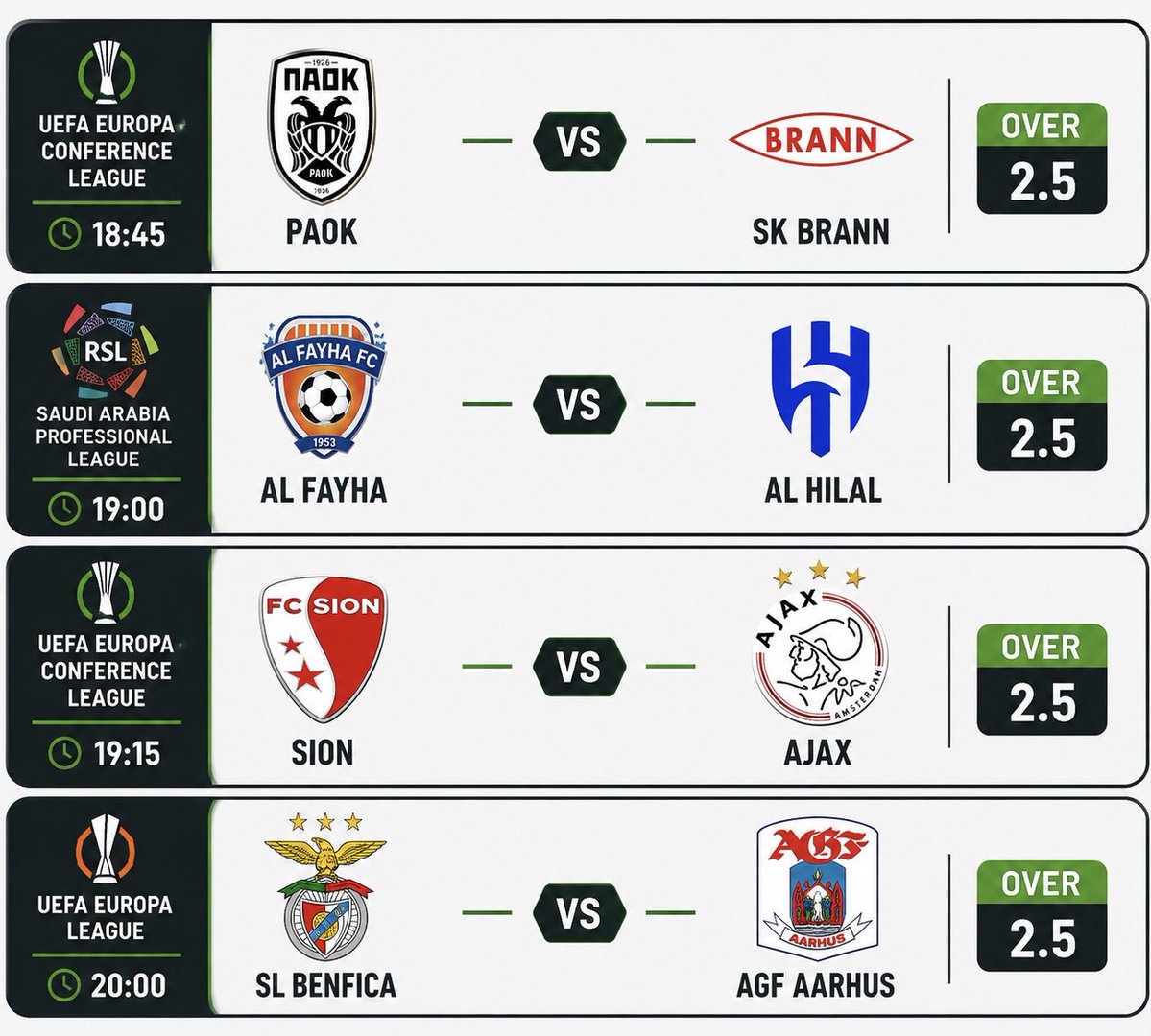 Rosehillpredict's tweet photo. ⚽🏆 Sports Picks — 20/08/2026 🔥

➡️ PAOK 🆚 SK Brann
🕡 Time: 18:45
⏳ Over +2.5 Goals

➡️ Al Fayha 🆚 Al Hilal
🕖 Time: 19:00
⏳ Over +2.5 Goals

➡️ Sion 🆚 Ajax
🕢 Time: 19:15
⏳ Over +2.5 Goals

➡️ Benfica 🆚 AGF Aarhus
🕗 Time: 20:00
⏳ Over +2.5 Goals

💭 Today’s selections feature UEFA Europa League, UEFA Conference League, and Saudi Arabia Professional League fixtures. All four selections are backed for at least three total goals. 🔥⚽🏆💰

🎯 BEST PICKS ✅💰🔥🏆🚀⚽📈