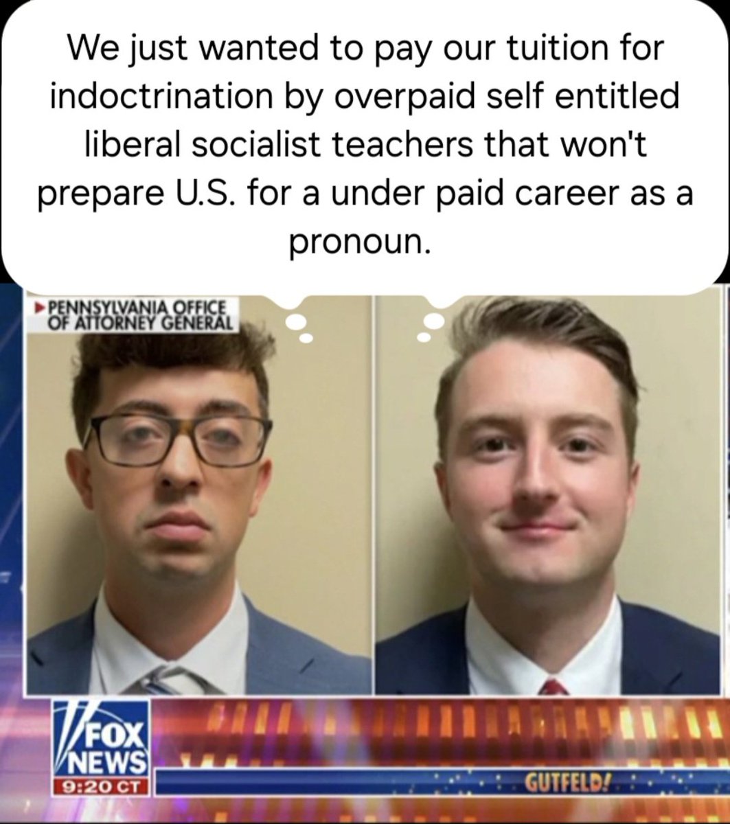 chevy419's tweet photo. We just wanted to pay our tuition for
indoctrination by overpaid self entitled
liberal socialist teachers that won't
prepare U.S. for a under paid career as a
pronoun! Penn State to the State Penn, that's higher education! This education should be made free! Vote #DSA! #MAGA https://t.co/Pn8A8j2ez1