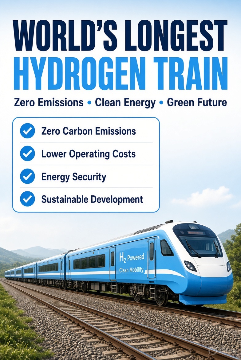 VishalPachera's tweet photo. Indian Railways has developed and rolled out the world’s longest hydrogen-powered train! 

This clean-energy train delivers zero-carbon emissions and truly eco-friendly travel.  

Key Benefits:

✅️Zero emissions – fully green

✅️ Lower operating costs

✅️Enhanced energy security

 A major leap towards sustainable development
  #HydrogenTrain #GreenRailways #CleanEnergy #IndianRailways @RailMinIndia
@AshwiniVaishnaw