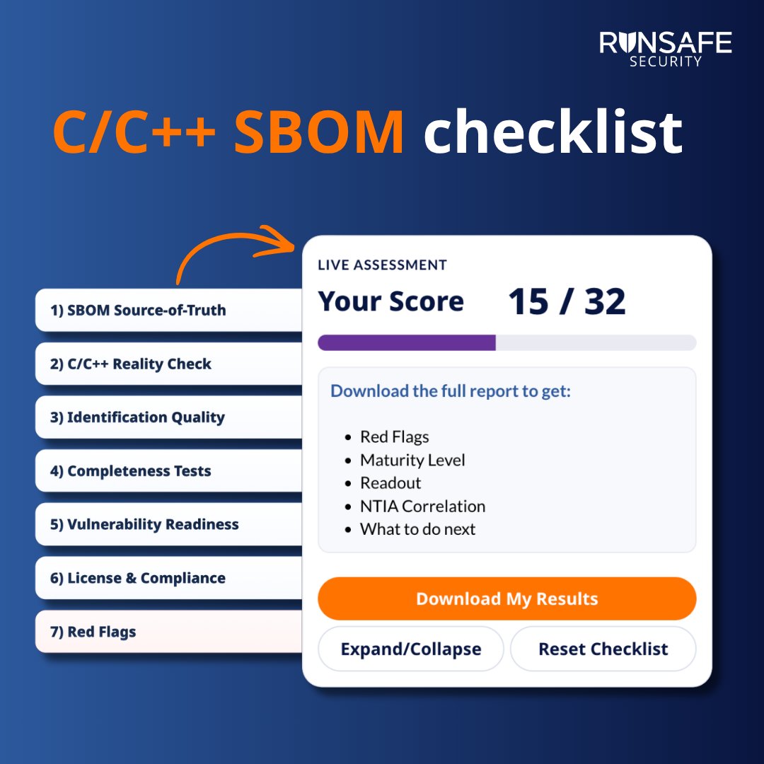 RunSafeSecurity's tweet photo. RunSafe’s C/C++ SBOM checklist helps teams evaluate whether their SBOM is a basic inventory or a release-ready, build-attested record.

Evaluate yours: https://t.co/j73lrofsRb https://t.co/hCSVfGn6O6