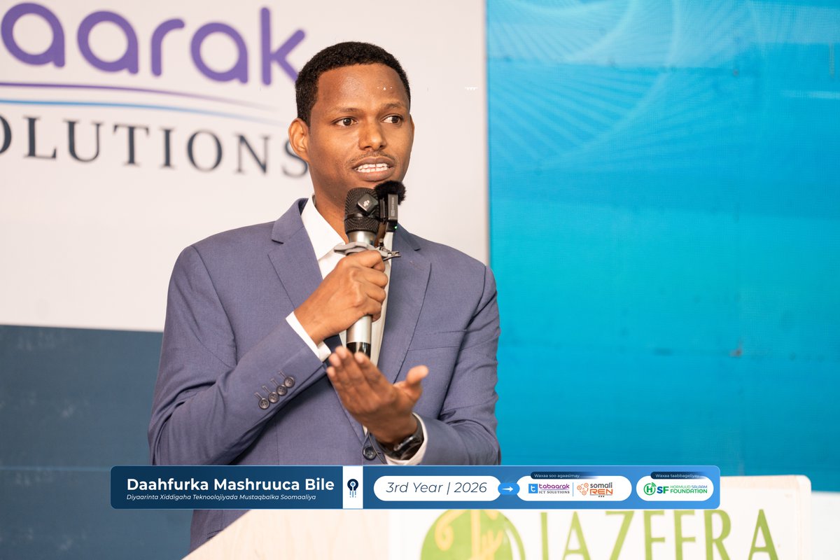 SomaliREN's tweet photo. “We are delighted to launch the Bile Initiative once again. This program bridges the gap between university and employment by providing final-year students with practical training, project experience and professional mentorship, preparing them not only to find jobs but to succeed in their careers.”

Eng. Mohamed Ali Ahmed (Bile), CTO, SomaliREN

#BileInitiative #SomaliREN #TabaarakICT #HSF