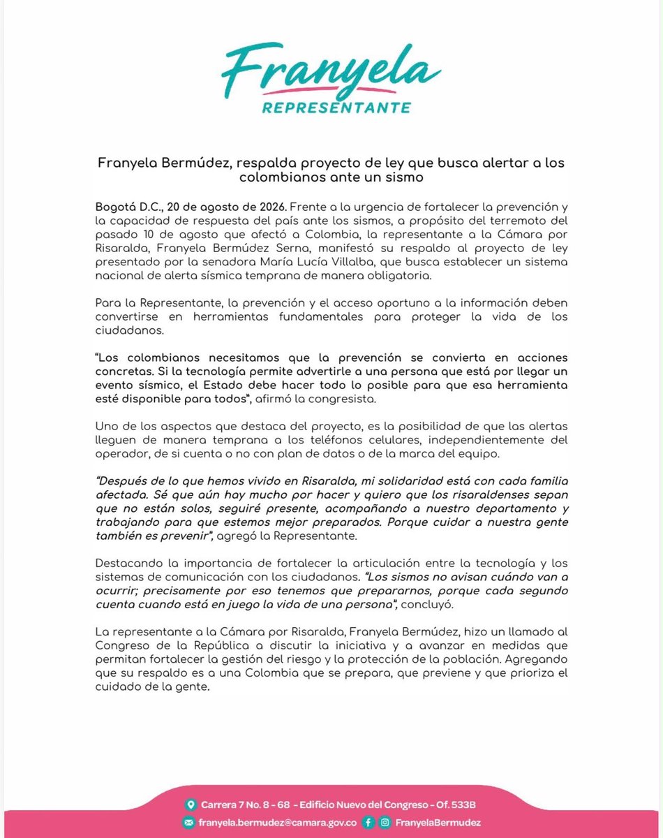 Franyelabermudz's tweet photo. #Comunicado | Respaldo el proyecto de ley que busca que los Colombianos reciban alertas oportunas ante un sismo.

Prevenir y actuar a tiempo también es una forma de cuidar a nuestra gente y salvar vidas. 💛🇨🇴
Seguiré trabajando por Risaralda 💚 https://t.co/yzZ3mjFohZ