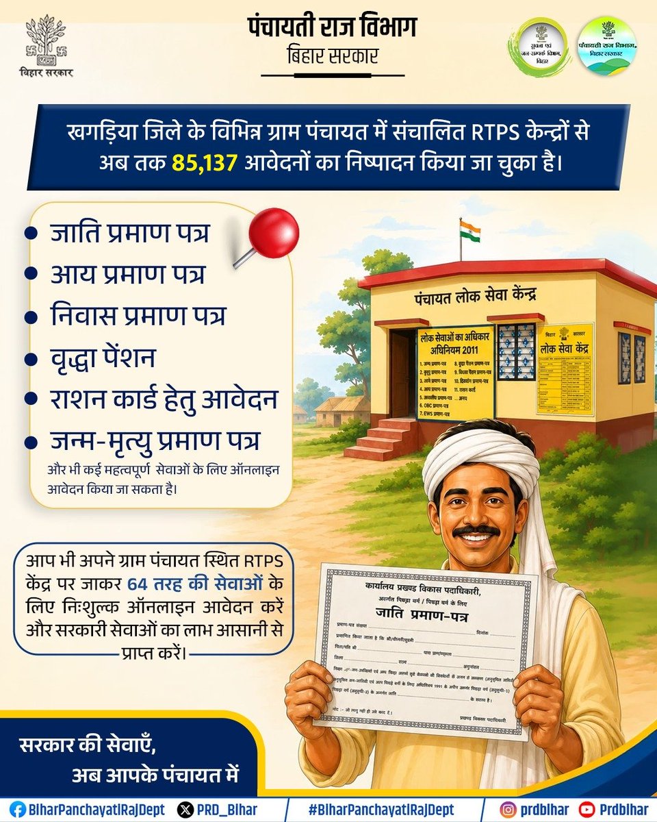 PRD_Bihar's tweet photo. आप भी अपने ग्राम पंचायत स्थित RTPS केंद्र पर जाकर 64 तरह की सेवाओं के लिए निःशुल्क ऑनलाइन आवेदन करें और सरकारी सेवाओं का लाभ आसानी से प्राप्त करें।
@samrat4bjp
@DeepakRLM 
@mopr_goi
@IPRDBihar
@KhagariaDm
#BiharPanchayatiRajDept https://t.co/y2NpRLh4XV