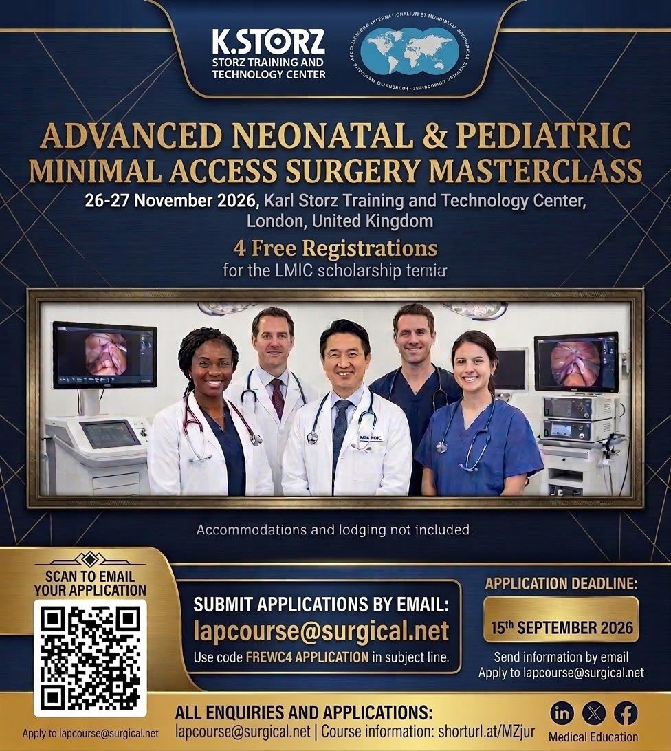 WOFAPS's tweet photo. We are thrilled to announce 4 FREE registrations through our LMIC scholarship program.

🗓️ 26-27 November 2026
📍 Karl Storz Training and Technology Center, London, UK
Email lapcourse@surgical.net
Use code FREWC4 APPLICATION in subject line

info: https://t.co/jqfYMMuS60 https://t.co/aHcCQ38OEi