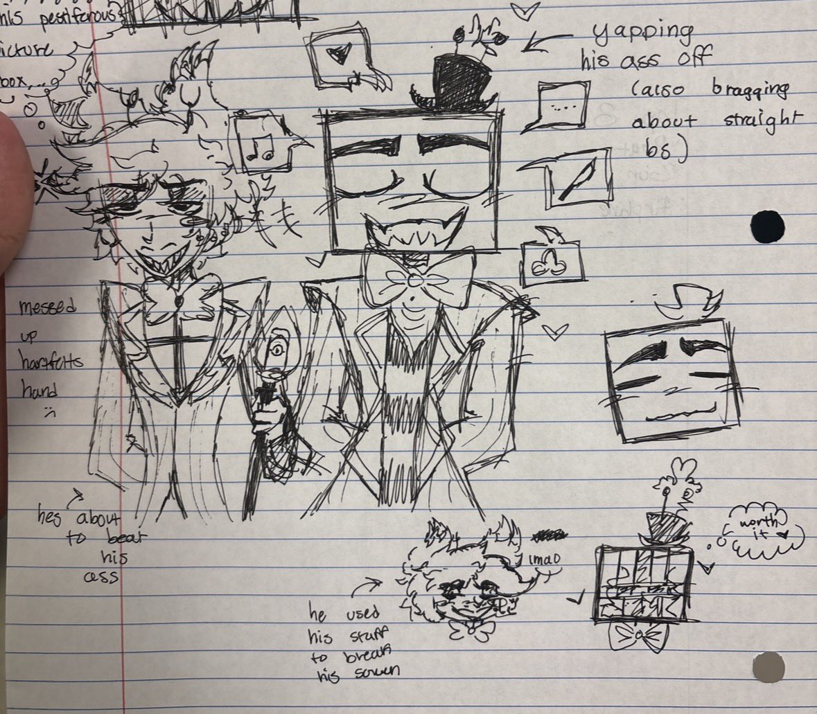 piicturebox's tweet photo. drew some bs in school.. it’s a self insert of me and my goat but we’ll pretend like it’s not. not  finished tho.   Ohio #radiostatic #alastor #vox ok🎤🎤🎤 https://t.co/XUSmcvs1Ii