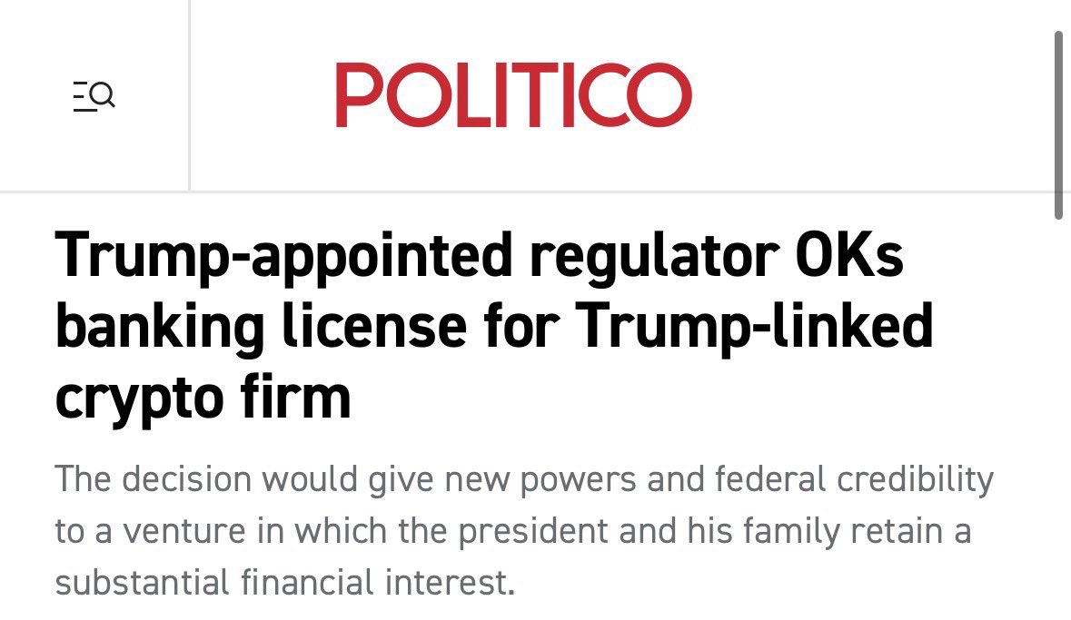 SenMarkKelly's tweet photo. A Trump appointee is allowing the Trump family to open a bank tied to one of his crypto scams. While millions of Americans can’t afford food and rent and healthcare, this family is grabbing billions of dollars for themselves. https://t.co/YPpjBCVptZ