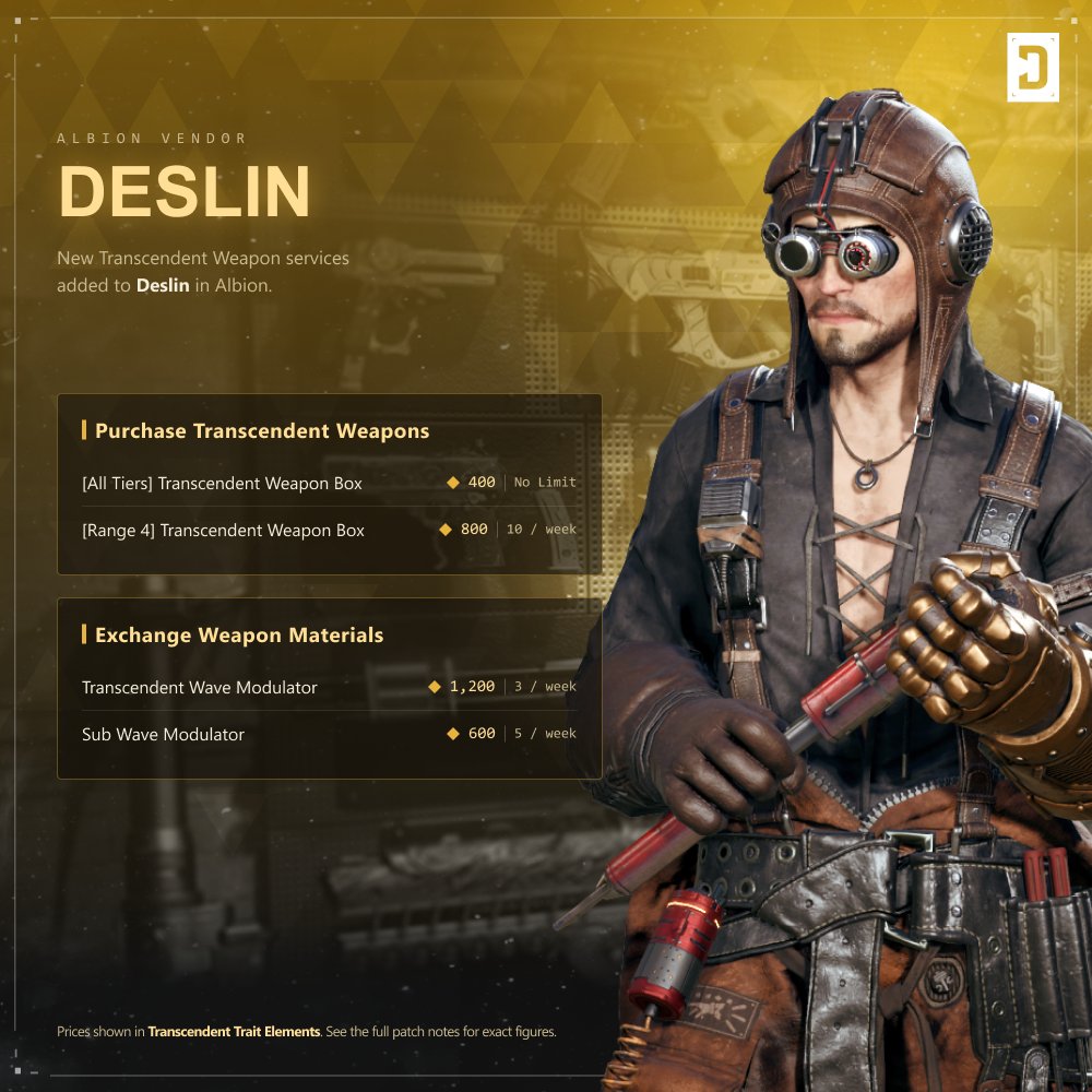 FirstDescendant's tweet photo. New at Deslin's shop in Albion:

- Buy Transcendent Weapon Boxes
• Exchange for Wave Modulators (tuning materials)

Exact prices and limits are in the full patch notes.

#TheFirstDescendant #TFD