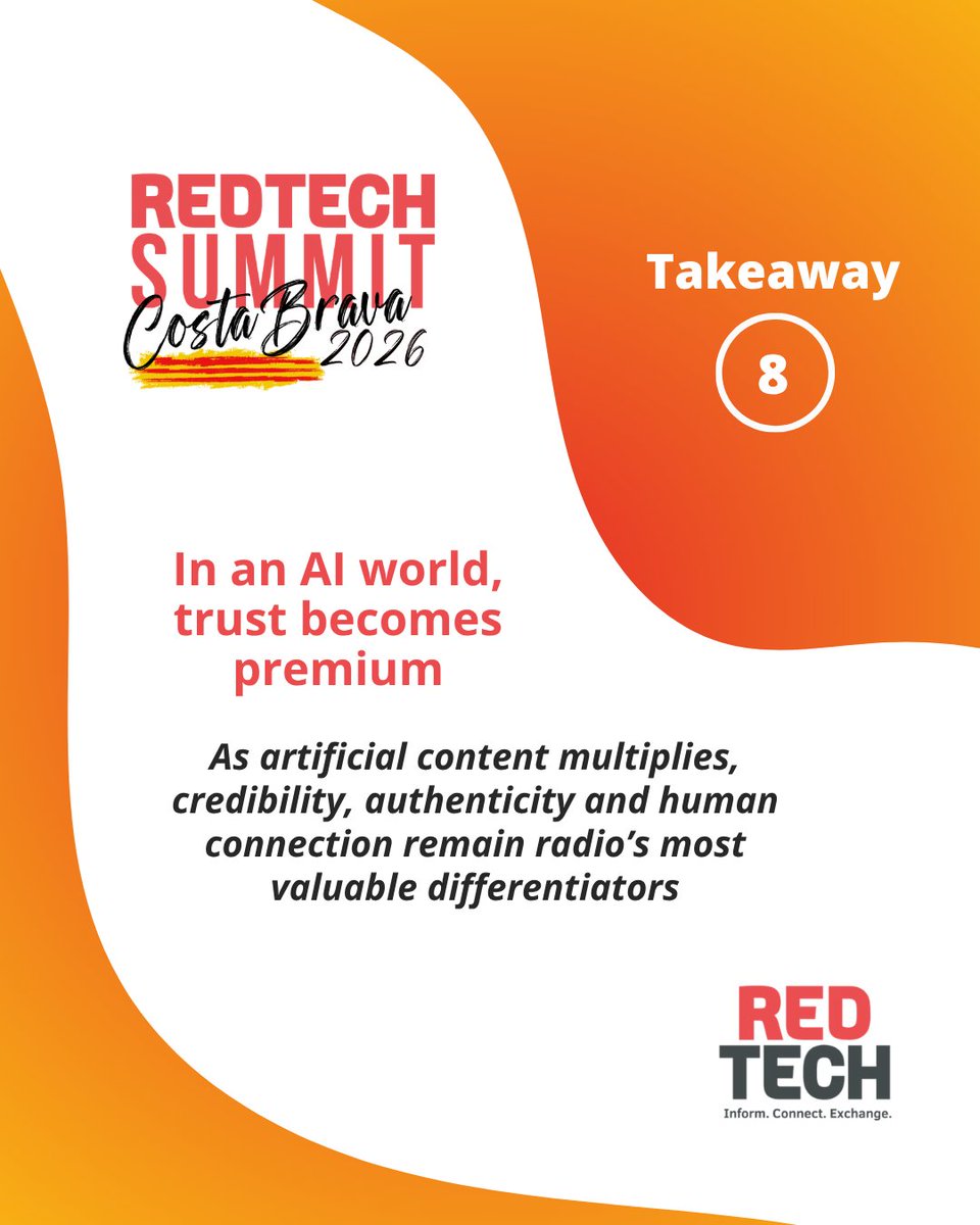 RedTech_News's tweet photo. This is the eighth of 12 strategic takeaways we're sharing from the 2026 RedTech Summit, where CEOs, CTOs and senior executives from 25 countries debated the forces reshaping audio broadcasting.
#AI comes with costs.
Feel free to share. 🧠
#RedTechSummit #RedTechSummitTakeaways https://t.co/CLqJocUbM6