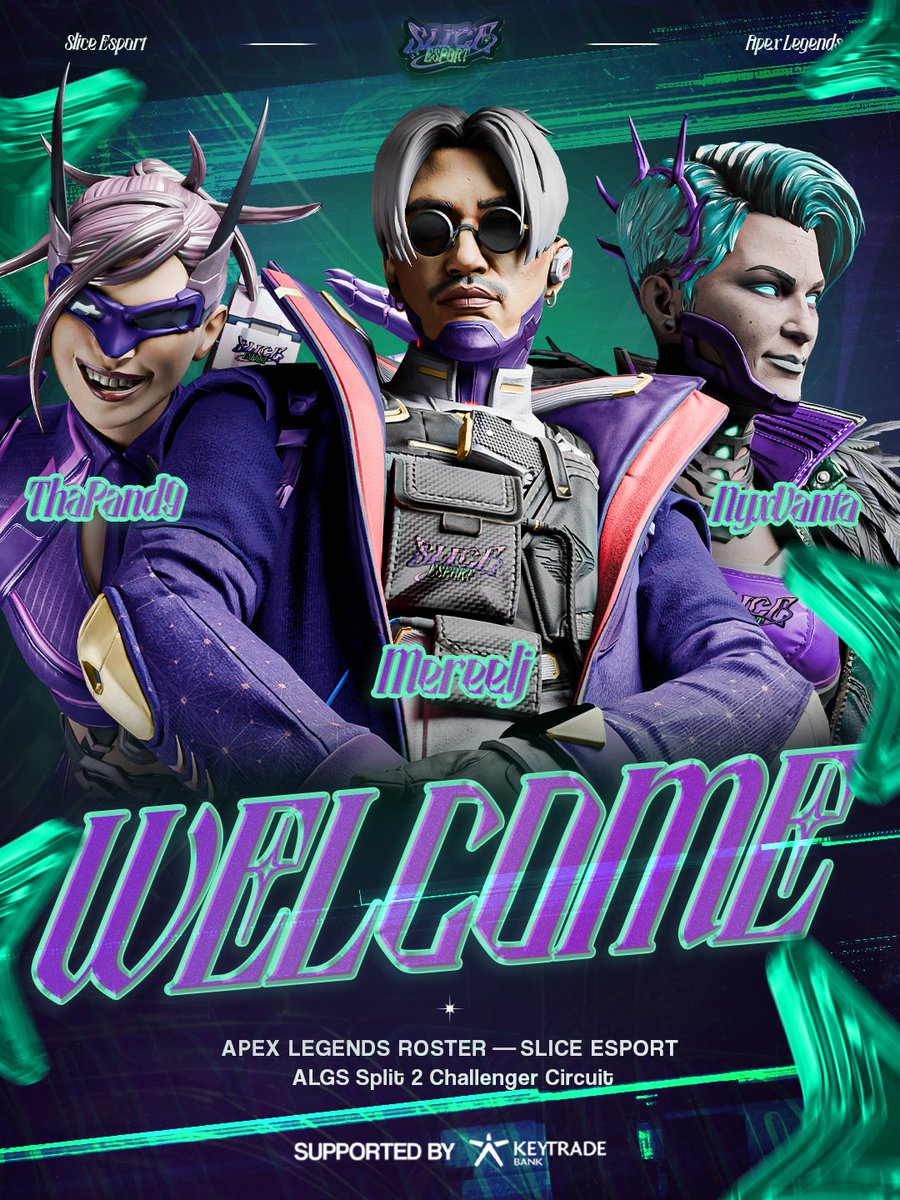 Weareslice_'s tweet photo. 🚨HERE WE GO🚨

We’re incredibly proud to welcome our 100% Belgian APEX LEGENDS roster to the family💜

⚔️ @NyxVanta0 
☄️ @thaPand9 
🧠 @iMereeljj 

🎯 LAST CHANCE QUALIFIER

#ApexLegends #ALGS https://t.co/2IRmJ6zwSZ