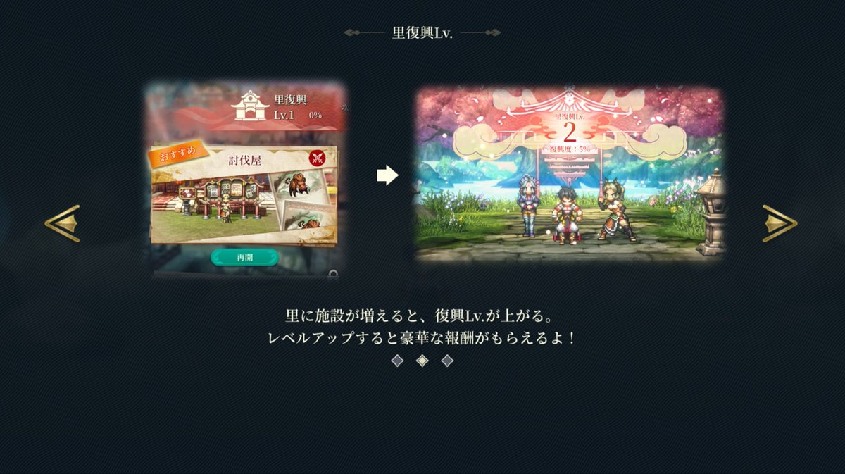 irox2games's tweet photo. ストーリーは、ひょんなことから故郷の里を復興するのですが、復興するとキャラが仲間になったり、機能も増えていくので、迷ったらとりあえず上げましょう☆
余談ですが、復興中の里では仲間にしたキャラが歩いていて、近づくと少し(ボイスで)喋ってくれます！
#幻想水滸伝
#ゲームアプリDE1週間 https://t.co/nvy7MQM2w4