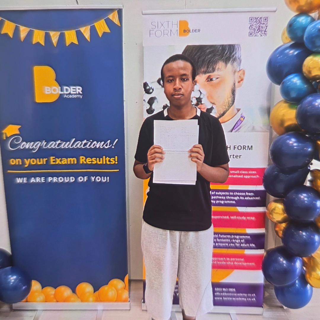Sakaria achieved three outstanding Grade 9s in Maths and Science, together with an impressive collection of Grade 8s and 7s across English, Geography, Spanish and Computer Science.
 
Congratulations, Sakaria!
 
 #GCSEresults&nbsp; #ResultsDay2026&nbsp; #BolderAcademy&nbsp; #ProudToBeBolder Image