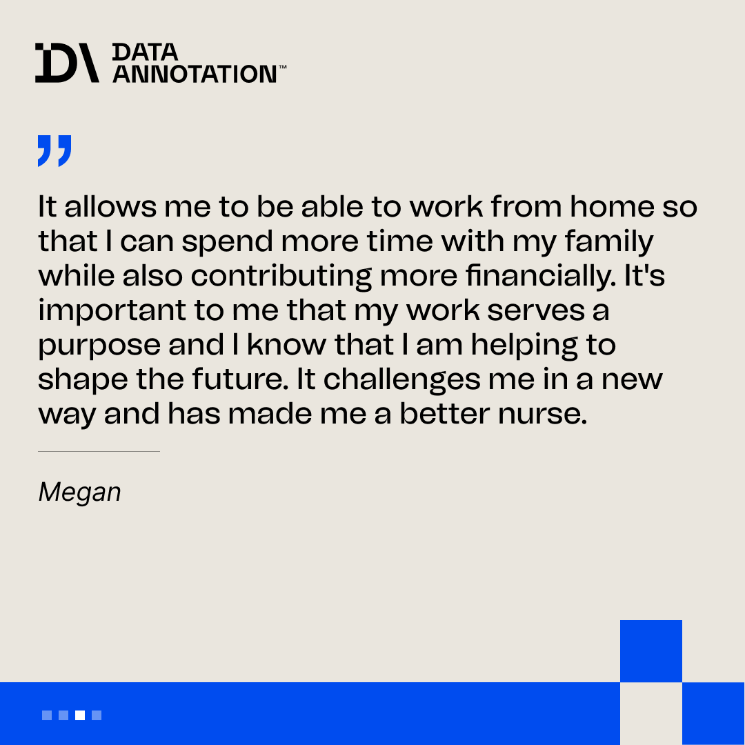 Data_Annotation's tweet photo. Patient safety starts with who trains the AI. DataAnnotation works with medical professionals shaping how healthcare AI responds, starting at $50-$60+/hr.

Hear directly from our medical contributors. https://t.co/TIQQMDwGjF