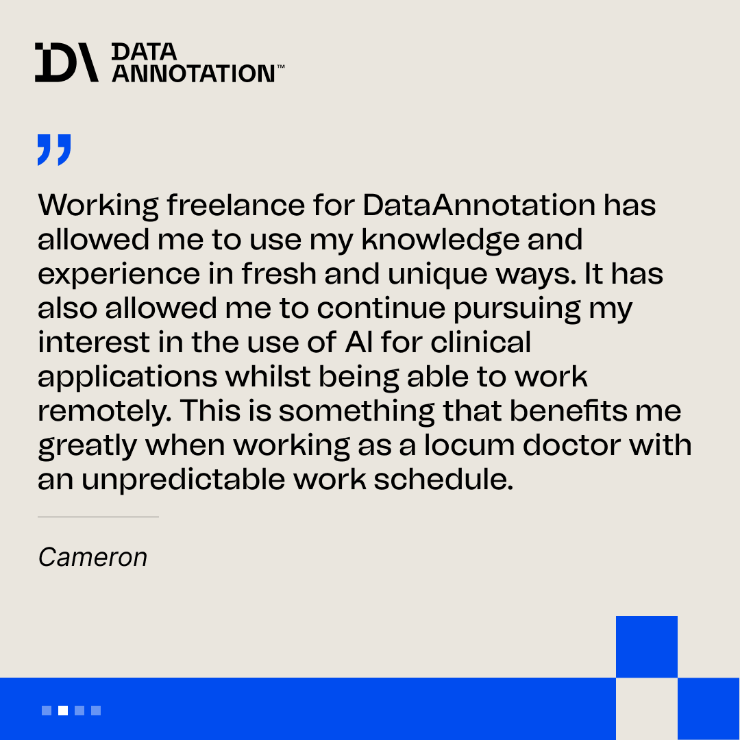 Data_Annotation's tweet photo. Patient safety starts with who trains the AI. DataAnnotation works with medical professionals shaping how healthcare AI responds, starting at $50-$60+/hr.

Hear directly from our medical contributors. https://t.co/TIQQMDwGjF