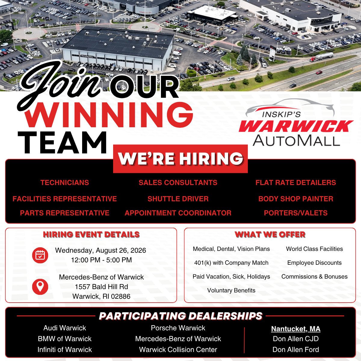 mbofwarwick's tweet photo. Join our winning team at #MercedesBenzOfWarwick and Inskip's Warwick AutoMall! We're having a hiring event on Wednesday, August 26th, where you can learn more about our open positions, submit an application, and even interview on the spot.

Learn more: https://t.co/aGXMJL2JWK. https://t.co/qwpsI3TOOA