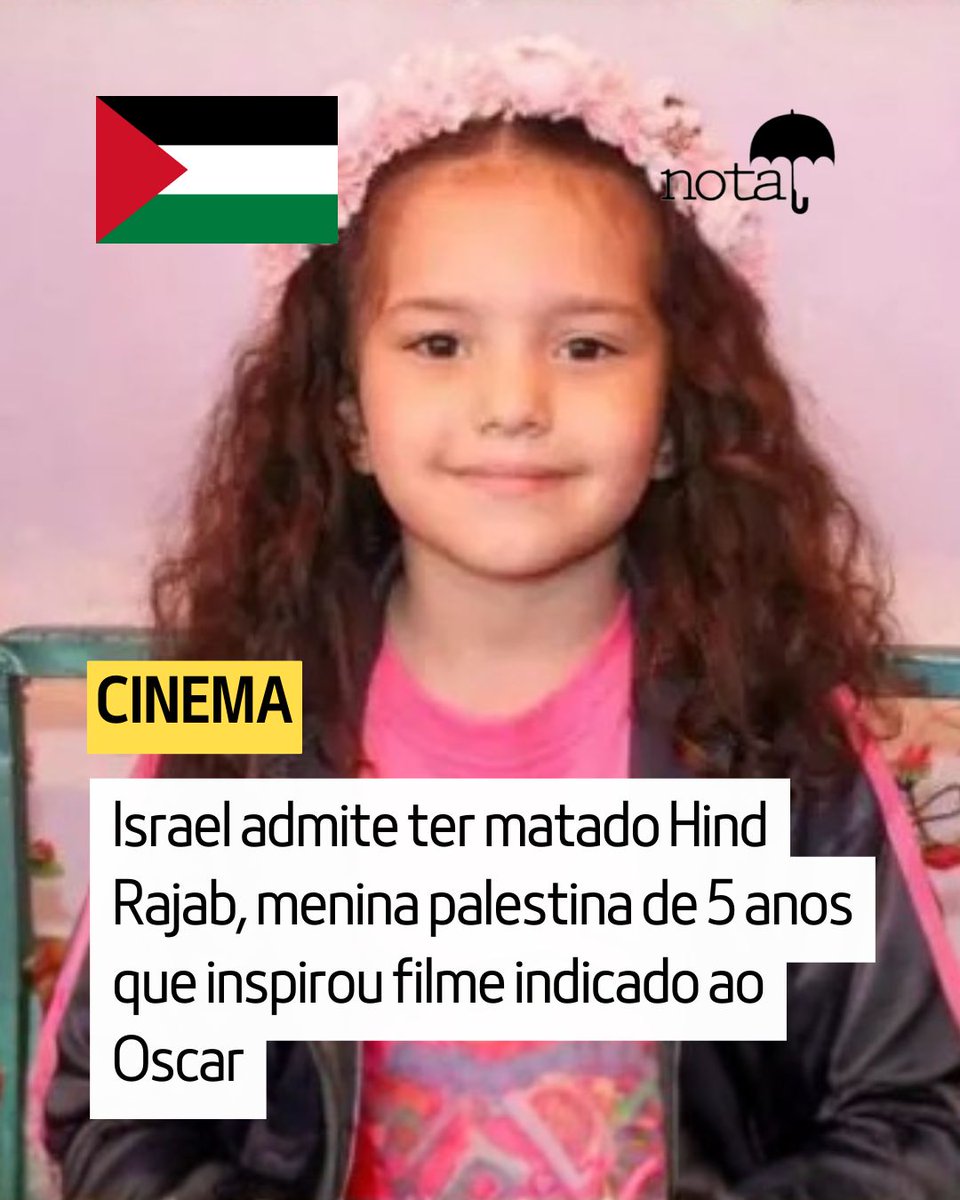jornalnota's tweet photo. ATÉ QUANDO?🚨 Israel admite ter matado Hind Rajab, menina palestina de 5 anos que inspirou filme indicado ao Oscar! 😢🇵🇸
Hind morreu em janeiro de 2024 junto com familiares enquanto tentava fugir de Gaza. O caso ganhou repercussão mundial pela menina ter ficado horas em contato com socorristas, que também foram mortos ao se aproximar do carro para salvá-la.
Não pare de falar da Palestina! 🇵🇸
Leia a matéria completa:
https://t.co/X7BVlkdYMI