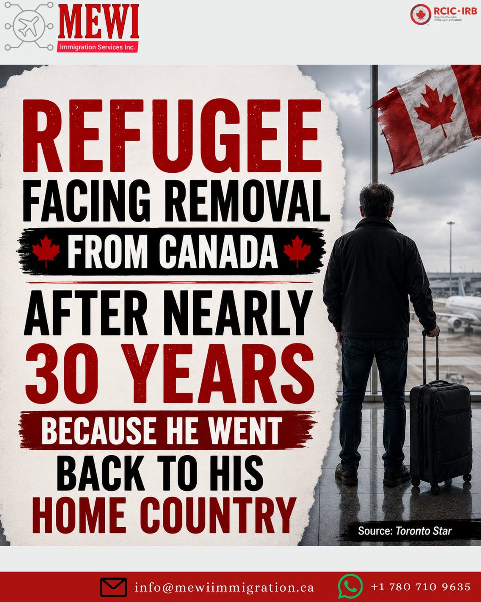 MewiImmigration's tweet photo. A refugee who built a life in Canada for nearly 30 years is now facing removal after visiting his home country. 

His case could become a landmark decision affecting other former refugees in similar situations. 🇨🇦⚖️

Source: Toronto Star https://t.co/I91s6LuKp2