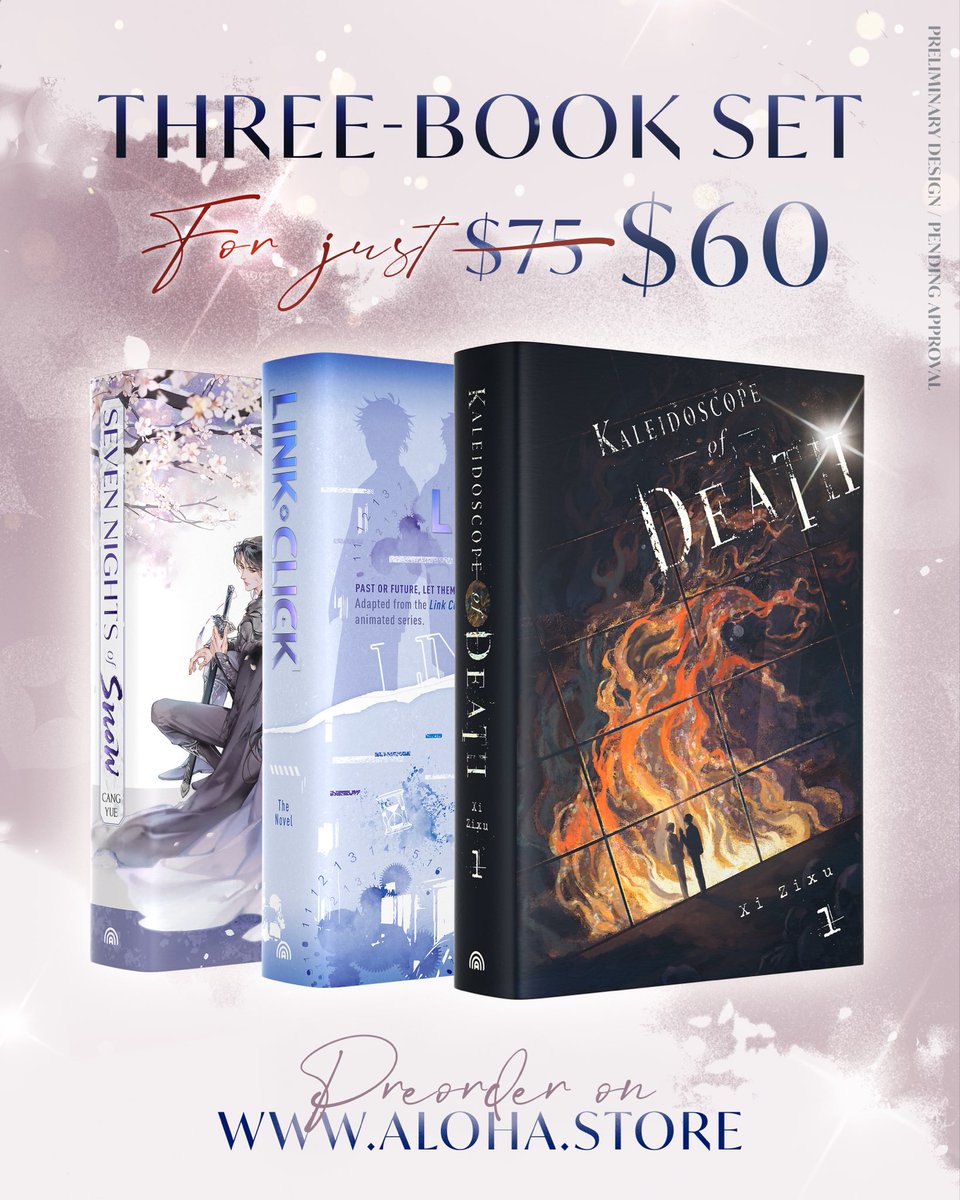 alohacomics's tweet photo. CHOSE YOUR BOOK SET!

This fall, we’re releasing THREE incredible novels, so we decided to bundle them into two special sets:

• Two-book set featuring Kaleidoscope of Death Vol. 1 (danmei) and Seven Nights of Snow (wuxia) for just $40

• Three-book set featuring both of the above, plus the Link Click novel for just $60

And yes — all the exclusive bonuses that come with the individual books will be included in the sets, too!

Pre-order your set now on our website — link in bio.

#kaleidoscopeofdeath #KOD #linkclick #xizixu #danmei