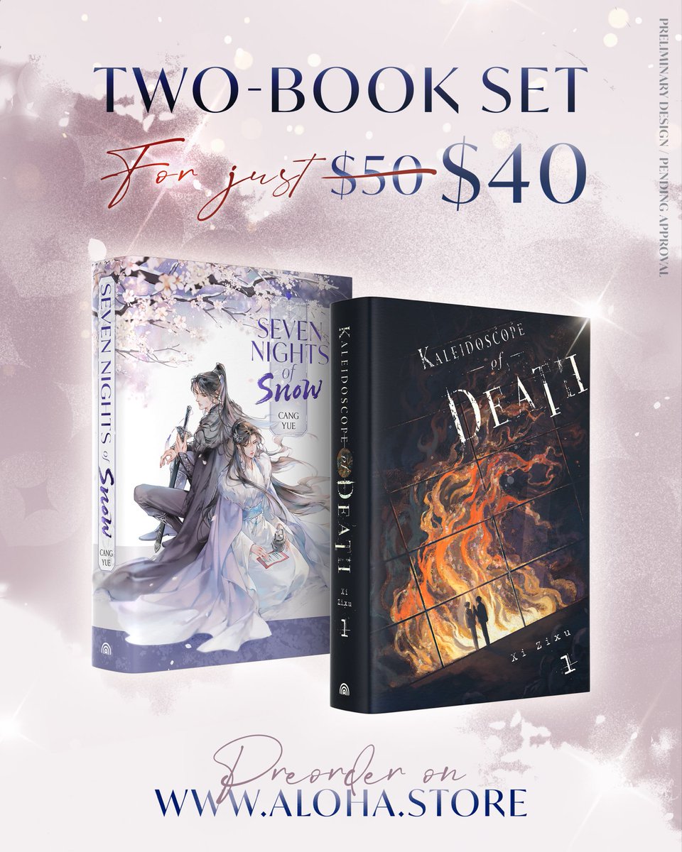 alohacomics's tweet photo. CHOSE YOUR BOOK SET!

This fall, we’re releasing THREE incredible novels, so we decided to bundle them into two special sets:

• Two-book set featuring Kaleidoscope of Death Vol. 1 (danmei) and Seven Nights of Snow (wuxia) for just $40

• Three-book set featuring both of the above, plus the Link Click novel for just $60

And yes — all the exclusive bonuses that come with the individual books will be included in the sets, too!

Pre-order your set now on our website — link in bio.

#kaleidoscopeofdeath #KOD #linkclick #xizixu #danmei