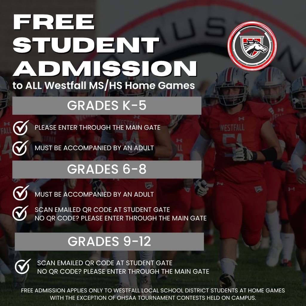 westfallwms's tweet photo. All Westfall K-12 students get FREE admission to all MS/HS home games (excluding OHSAA tournaments)! K-8 students must be accompanied by an adult. Grades 6-12 should scan their emailed QR code at the Student Entry gate. If you don't have a QR code, please use the main entry. https://t.co/w0KFbXrIWb