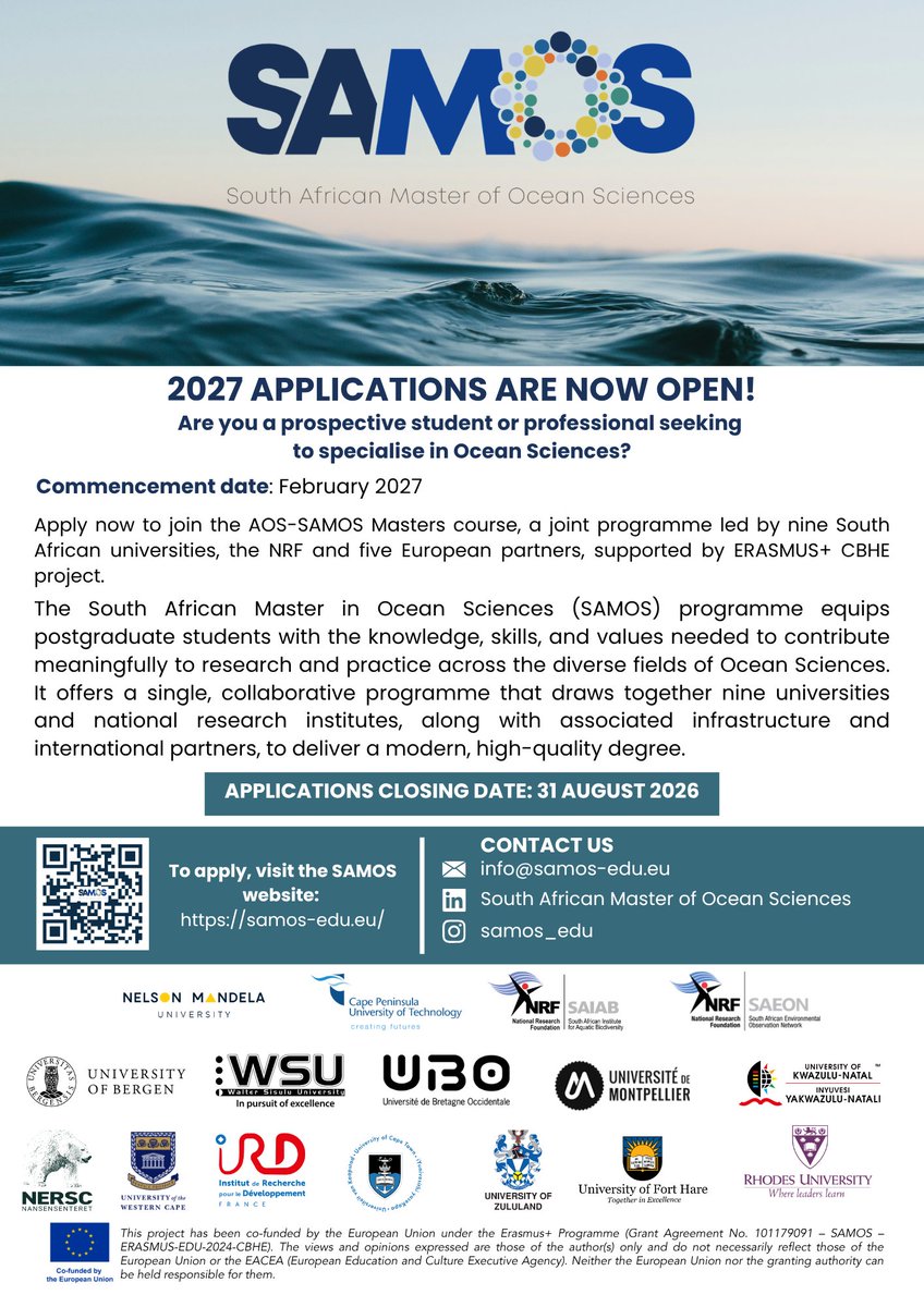 MARIS_UCT's tweet photo. 📢 Just over a week left until the 2027 AOS-SAMOS (South African Master of Ocean Sciences (SAMOS)) Masters Applications close on the 31 August 2026!

Apply now: https://t.co/eh1w7q3LbT
Find out more here: https://t.co/iik6WOvYRG

@SANCORcommunity @LouGammage @UCTpostgrads https://t.co/y8GfKCkyha