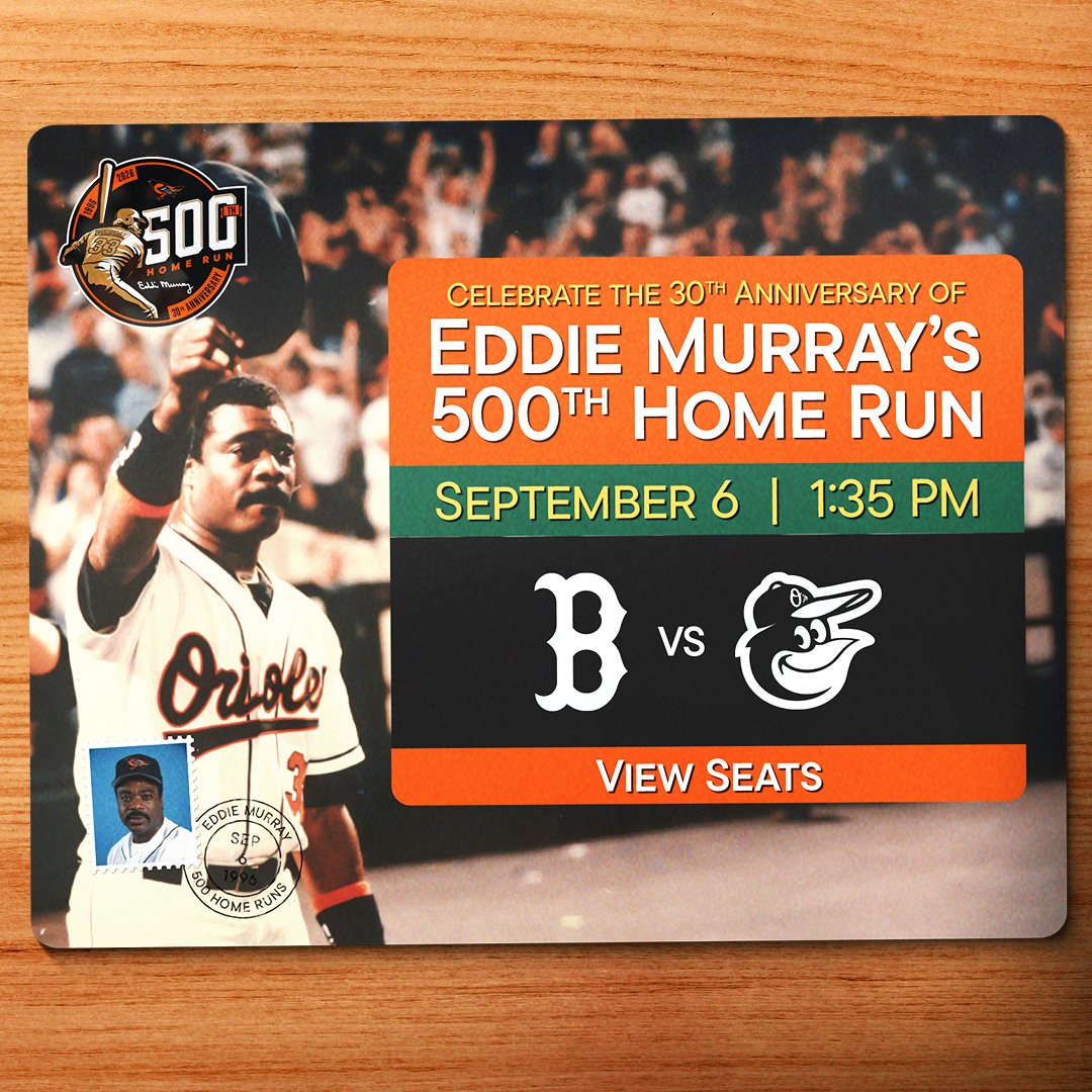 Orioles's tweet photo. Thirty years later, we’re celebrating one of the biggest moments in Orioles history 🧡

Join us on Sunday, September 6, as we honor the 30th anniversary of Eddie Murray’s 500th home run with a special pregame ceremony, appearances from Orioles legends, exclusive ballpark giveaways and merchandise, and more.

🎟️ https://t.co/Ka556mkpYb