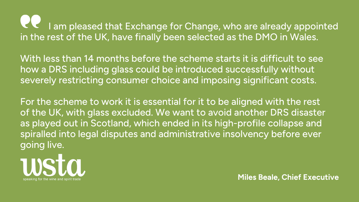 wstauk's tweet photo. Miles Beale, Chief Executive of the Wine and Spirit Trade Association, comments on the Welsh Government's long over due appointment of a DMO for their unique Deposit Return Scheme. 

https://t.co/Dju8F7wY40 

#DRS #WSTA @WSTA_Miles https://t.co/StNC6lXuKx
