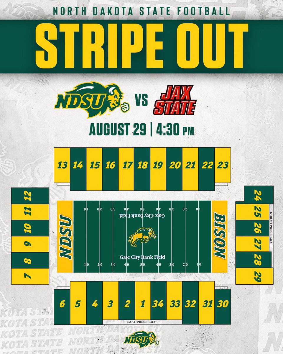 NDSUfootball's tweet photo. Make an impact from the stands!

🟢Wear the gear
🟡Show Up
🟢Be LOUD

STRIPE OUT the Fargodome to kick off the 2026 season!

Limited tickets available at https://t.co/dewOk8OZvY https://t.co/Nwq8Rfeart