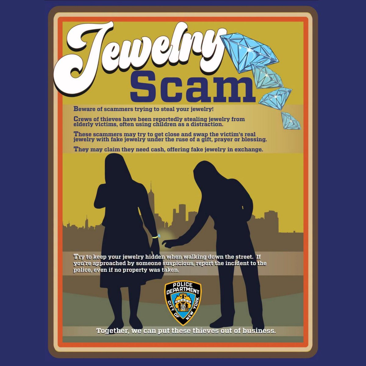 NYPD72Pct's tweet photo. If someone approaches you, engages you in conversation, and asks you to swap your jewelry.  STOP!🛑 IT IS A SCAM.  The victim is left with cheap/fake jewelry, and the scammer makes off with your property.  If you are a victim, or someone approaches you, CALL 911 IMMEDIATELY! https://t.co/FHVIbNwIhL