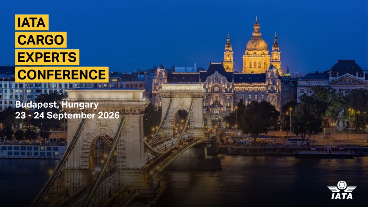 IATA's tweet photo. The IATA Cargo Experts Conference 2026 (#IATACEC) will take place in Budapest 🇭🇺 , on 23-24 September under the theme "From Expertise to Execution". 

The agenda will focus on Digital Cargo, Safety &amp; Security, and Pharma &amp; Cargo Operations. 

👉 https://t.co/jL4wgTDh3I https://t.co/VZ8NvOJXic