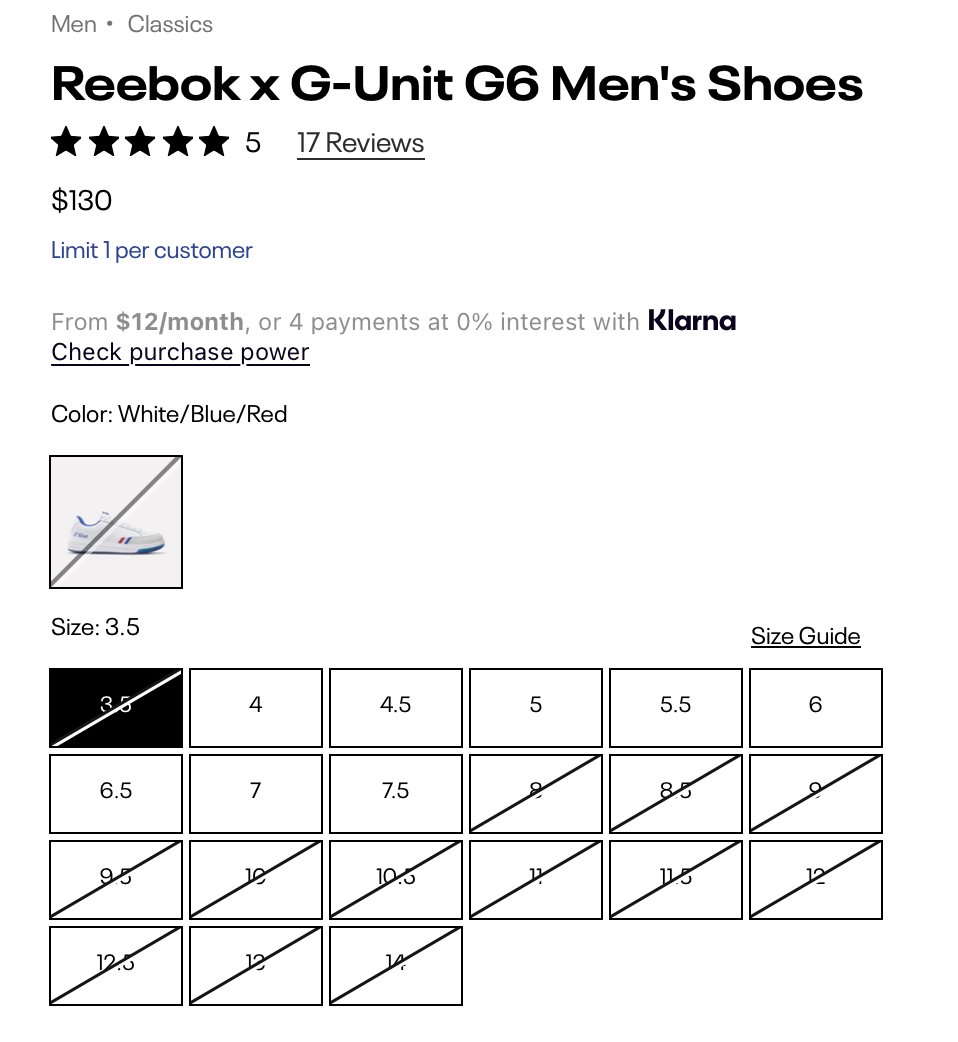 ComplexSneakers's tweet photo. Almost all sizes of the Reebok G-Unit G6s are sold out online 👀 https://t.co/Q9yoAWmPLJ