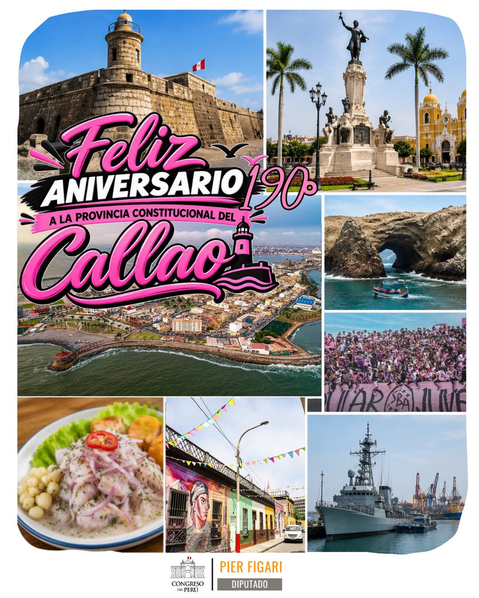 PierFigariK4's tweet photo. Hoy saludamos con orgullo a la Provincia Constitucional del Callao en un nuevo aniversario. ⚓🎉

Cuna del primer puerto del Perú, el Callao destaca por su historia, identidad y el esfuerzo de miles de chalacos que contribuyen al crecimiento y desarrollo de nuestro país.

¡Feliz aniversario, Callao! 💗🇵🇪

#CreoEnTiPerú