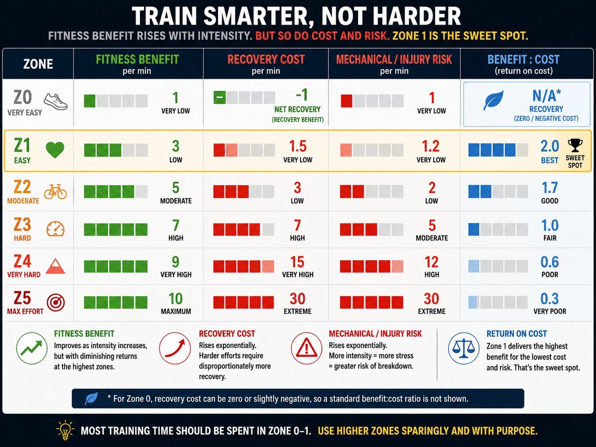 StevenQuartz's tweet photo. Alan Couzens engages a lot in scientific-looking BS that's marketing dressed up as rigor. His chart below is a prime example: arbitrary quantities given decimals and units to produce a recommendation that's not even the consequence of the 'model.' And what's left is just the standard recommendation about training intensity distribution.  Let's unpack this:
The benefit:cost column is just fitness benefit divided by recovery cost. The mechanical risk/injury column doesn't even figure in the calculation despite the headline about risk. 
But what happens when you divide a per-minute variable by another per-minute variable? You cancel out duration! That's a fatal move for any training allocation model.
And where do the per-minute benefits and costs come from? Hint: change the Z2 benefit from 5 to 6 and you get a tie between Z1 and 2. So the outcome depends entirely on carefully hand-choses values.
Here's the kicker: his 'use higher zones sparingly' doesn't even follow from the math. Adding any Z2–Z5 only makes the model’s objective worse. In other words, the model provides no internal rationale for higher-intensity training at all! 
So, strip away all the pseudo-quantification and you're left with the standard recommendation of mostly easy with some hard sprinkled in. The science-looking arithmetic doesn't establish that recommendation, and it can't even reproduce it.
P.S. I would have tagged Couzens but he blocked me long ago when I suggested his zone 1 looks alot like what most other schemes call zone 2 (it is). He blocks everyone who raises even the faintest scrutiny about his approach, which seems to me hardly the temperament of a 'mad scientist.'