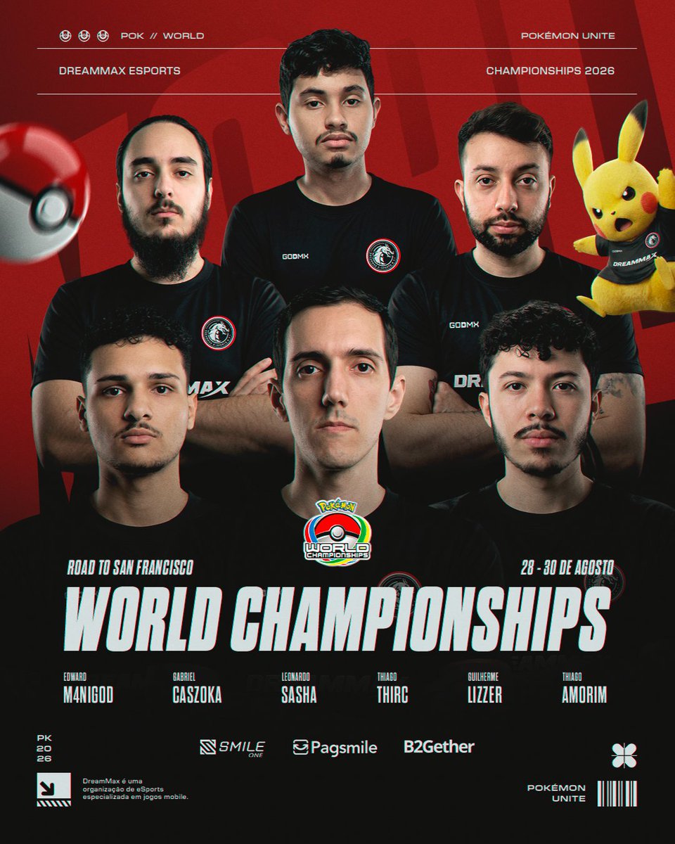 dreammaxesports's tweet photo. DO BRASIL PARA SÃO FRANCISCO: A DMX VAI PRO MUNDIAL! 🇧🇷🌎

Achou que não íamos pro Mundial, né? 👀

É oficial! Estaremos no Pokémon World Championships 2026, e chegou a hora de apresentar os nomes que representarão o nosso dragão no maior palco competitivo de Pokémon UNITE!

Treinadores de elite e campeões do Regional Last Chance Qualifier:

🐉 M4NIGOD
🐉 LIZZER
🐉 IAMSASHA
🐉 CASZOKA
🐉 THIRC
🐉 AMORIM

De 28 a 30 de agosto, o destino é o Moscone Center, em São Francisco, Califórnia, onde os melhores do mundo se enfrentarão na arena em busca do título mundial.

Uma formação pronta para encarar o maior desafio da temporada. E, relembrando uma música nostálgica que marcou a nossa infância:

“Desafios vou encontrar
E os enfrentarei
Lutando pelo meu lugar
Todo dia estarei!” 

São Francisco nos espera. É hora de entrar nessa batalha e fazer história no Mundial! 🔥 #GoDMX

#DreamMaxEsports #PokémonUnite #UNITEesports #PokemonWorlds