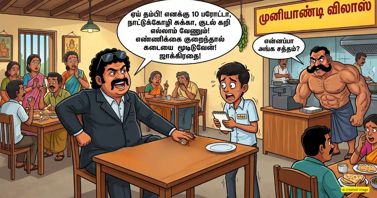 RamalingamPress's tweet photo. ‘பில்டப்’ பீதாம்பரமும், கொத்து பரோட்டா 2 இட்லியும், சட்னியுமாக மாறிய கதை! 😅

ஒரு கிராமத்துல ‘முனியாண்டி விலாஸ்’னு ஒரு சின்ன ஹோட்டல். மதிய நேரம், ஹோட்டல்ல நல்லா கூட்டமா இருந்துச்சு. அப்போ பார்த்து நம்ம ‘பில்டப்’ பீதாம்பரம் கடையில செம கெத்தா என்ட்ரி கொடுக்குறாரு. 

கோட்டு சூட்டோட கார்ல இருந்து இறங்குன அவரு, நேரா அந்த ஹோட்டல் நடுவுல இருந்த மெயி��் டேபிளுக்குப் போய் உட்கார்ந்தாரு.

உட்கார்ந்த உடனே கையை வேகமா தட்டினாரு! அந்த சத்தத்தைக் கேட்டு ஓட்டல்ல சாப்பிட்டவங்க, கடை பணியாளர்கள்னு எல்லாரும் நம்ம பில்டப் பீதாம்பரத்தையே ஆச்சரியமா உற்றுப் பார்த்தாங்க.

'தம்பி! சர்வரை இங்க கூப்பிடு'னு ஊரே அதிருற மாதிரி ஒரு சவுண்டு விட்டாரு. சர்வர் பதறி அடிச்சு ஓடி வந்ததும், பீதாம்பரம் தன்னோட மெனுவை வாசிக்க ஆரம்பிச்சாரு பாருங்க...

'தம்பி, நல்லா கேட்டுக்கோ... எனக்கு 10 பரோட்டாவை பிச்சுப்போட்டு, அதுக்கு மேல நாலு கரண்டி நாட்டுக்கோழி குழம்பை மிதக்க மிதக்க ஊத்தணும்! 

சைடுல ஒரு குடல் கறி, மூளை வறுவல், பெப்பர் தூக்கலா ஒரு ஆஃப்பாயில்... அப்புறம் மட்டன் சுக்கா ஒன்னு! இதெல்லாம் சரியா வரணும். 

இதுல ஒரு ஐட்டத்தோட எண்ணிக்கை குறைஞ்சாலும் சரி, உப்பு-காரம் மாறுனாலும் சரி... பில் தர மாட்டேன், கடையை இழுத்து மூடிடுவேன்! ஜாக்கிரதை!' அப்படின்னு டேபிளை ஓங்கி தட்டி பயங்கரமா கத்தினாரு!

இதைப் பார்த்து சுத்தி உட்கார்ந்து சாப்பிட்டுக்கிட்டு இருந்தவங்க எல்லாம், வாயில வச்ச பரோட்டாவை மென்று முழுங்கக் கூட மறந்துட்டு, 'ஆஹா... எப்பேர்ப்பட்ட வீரம்! இந்த ஓட்டல்ல இவ்வளவு தைரியமா பேசுற முதல் ஆளு இவரு ஒருத்தர்தான்! அப்படின்னு
ரொம்பவே ஆச்சரியமாக பார்த்தாங்க.

அந்த நேரம் பார்த்து சமையலறைக்கு உள்ளேயிரு��்து கல்லாப்பெட்டி��ை நோக்கி வந்தாரு அந்த கடை ஓனர். ஆறரை அடி உயரத்துல, ஆஜானுபாகுவான உருவத்தோட, அவரோட முறுக்கு மீசையைத் தடவிக்கிட்டே, 'என்ன சத்தம் இங்கே?' அப்படின்னு கேட்டபடியே கல்லாப்பெட்டியில வந்து டொம்முன்னு உட்கார்ந்தாரு... அவர் உட்கார்ந்த வேகத்துல கல்லாப்பெட்டியில் உள்ள சில்லரை காசுகள் எல்லாம் குலுங்கி சத்தம் போட்டுச்சு.

பீதாம்பரம் உட்காந்த இடத்தின் மேலே சுத்திக்கிட்டிருந்த ஃபேன் கூட ஒரு நிமிஷம் நின்னு, அப்புறமா சுத்த ஆரம்பிச்சது! 

கொஞ்ச நேரத்துக்கு முன்னாடி சத்தம் வந்த டேபிளை நோக்கி அவரோட பார்வை அப்படியே திரும்புச்சு. 'யாருப்பா அது... நம்ம கடையை மூடுவேன்னு சொன்னது?' என்று சிங்கம் மாதிரி கர்ஜித்துக் குரல் கொடுக்க...அவ்வளவுதான்! 

நம்ம பீதாம்பரத்துக்கு உடம்பெல்லாம் வேர்த்து விறுவிறுத்துப்போச்சு! கண்ணுல இருந்த கூலிங் கிளாஸ் மெதுவா மூக்குக்கு இறங்குச்சு. கழுத்தை சுத்தியிருந்த டை தானாவே கொஞ்சம் லூசானது. சீட்டுல கம்பீரமா சாய்ந்து உட்கார்ந்திருந்த பீதாம்பரம், சீட்டை விட்டே கொஞ்சம் பம்மியபடியே எழுந்து நின்னாரு...

'இல்ல முதலாளி... வேற ஒன்னும் இல்ல. அது வந்து... நம்ம கடை பசங்க எல்லாம் உஷாரா இருக்காங்களான்னு தெரிஞ்சுக்க சும்மா ஒரு உதார் விட்டேன், அவ்வளவுதான்! 

எனக்கு ஒரு ரெண்டு பிளைன் இட்லியும், காரம் இல்லாத தேங்காய் சட்னியும், அப்படியே குடிக்க கொஞ்சம் சுடுதண்ணியும் மட்டும் கொடுத்தா போதும் முதலாளி... நான் சத்தமில்லாம சாப்பிட்டுட்டு இடத்தை காலிப் பண்ணிடுறேன்' என்று பவ்யமா வாயைப் பொத்திச் சொல்லிவிட்டு உட்கார்ந்தார் நம்ம பீதாம்பரம்!

ஆனா அந்த சர்வர் விடாம, 'அய்யா... 10 பரோட்டா, நாட்டுக்கோழி, குடல் கறி, மட்டன் சுக்கா?' அப்படின்னு இவரு கேக்குறாரு..என்று போட்டுக் கொடுக்க, அதுக்கு பீதாம்பரம், 'கோழி பாவம்யா... அது அதோட குஞ்சுகளோட சந்தோஷமா வாழட்டும், எனக்காக அதை ஏன் கொல்லுறீங்க? முதலாளிக்கு என்னைப் பற்றி நல்லாவே தெரியும்!' என்று பம்மிக் கொண்டே சொல்ல, சுத்தி இருந்தவங்க எல்லாரும் வி���ுந்து விழுந்து சிரிக்க ஆரம்பிச்சிட்டாங்க!

இப்போ இந்தக் கதை மாதிரி ஒரு சம்பவம்தான் இன்னைக்கு நிஜத்துல நடந்திருக்கு! 😉

கடந்த ஆகஸ்ட் 12-ஆம் தேதி சட்டப்பேரவையில நம்ம ��ளும் தவெக அரசின் சார்பில் முதலமைச்சர் சி. ஜோசப் விஜய் கொண்டுவந்த தனித் தீர்மானம் அவ்வளவு சிறப்பு மிக்கது.

அவர் பேசும்போது, '1971 கணக்கெடுப்பின்படி இருக்கிற 543 மக்களவை தொகுதிகளை எந்தக் காரணத்தைக் கொண்டும் கூட்டவோ, மாத்தவோ கூடாது! அப்படி செஞ்சா அது பெரும் அநீதி!' அப்படின்னு ரொம்பவே ஆக்ரோஷமா, கெத்தா பதிவு செஞ்சாரு.

தவெக கூட்டணியில இருக்கிற காங்கிரஸும், சில ஆதரவு கட்சிகளும் இந்தத் த���ர்மானத்தை ஆதரித்து பேசினார்கள். 

பிரதான எதிர்க்கட்சியான திமுகவும் கூட இதை முழுமையாக ஆதரித்தது.

அப்போது பேசிய எதிர்க்கட்சித் தலைவர் உதயநிதி ஸ்டாலின், 'தொகுதி மறுவரையறையை எதிர்ப்பதில் தவெக-வை விட திமுக தான் முன்னோடி; இந்தியாவிலேயே முதன்முதலில் குரல் கொடுத்தவர் மு.க.ஸ்டாலின் தான்' எனக் குறிப்பிட்டு, தவெக கொண்டு வந்திருக்கும் தீர்மானம் தங்களின் பழைய நிலைப்பாட்டை ஒட்டியதே என��ற அரசியல் கிரெடிட்டை (Credit) சாதுரியமாகத் தங்களுக்குச் சாதகமாகத் த��ருப்பியிருந்தார்.

அதே நேரத்தில், அதிமுக மற்றும் பாமக, பாஜக போன்ற கட்சிகள் இந்தத் தீர்மானத்தை அரசியல் உள்நோக்கம் கொண்டது எனக் கூறி கடுமையாக எதிர்த்தன. 

இருப்பினும், பெரும்பான்மையான உறுப்பினர்களின் ஆதரவோடு இந்த வரலாற்றுச் சிறப்புமிக்க தனித்தீர்மானம் சட்டப்பேரவையில் வெற்றிகரமாக நிறைவேற்றப்பட்டது.

இதையடுத்து, 'ஆஹா... மாநில உரிமைக்காக நம்ம முதல்வர் எவ்ளோ ஸ்ட்ராங்கா நிக்கிற��ரு!' அப்படின்னு எல்லாரும் சிலிர்த்துப் போயிருந்தோம். முதல்வர் விஜயை எப்போதெல்லாம் சந்தர்ப்பம் கிடைக்கிறதோ, அப்போதெல்லாம் தூக்கிப் பிடிப்பவர்கள் கூட 'ஓஹோ'வெனப் புகழ்ந்து தள்ளினார்கள்.

ஆனா, அடுத்த ஒரே வாரத்துல (ஆகஸ்ட் 20) கோவளத்துல நடந்த தென் மண்டல கவுன்சில் கூட்டத்துல கிளைமேக்ஸ் அப்படியே தலைகீழா மாறிடுச்சு!

கூட்டத்திற்கு மத்திய உள்துறை அமைச்சர் அமித் ஷா வந்திருந்தார். அங்கே மைக்கைப் பிடிச்ச நம்ம முதல்வர், சட்டசபையில பேசின அதே வீர வசனத்தைப் பேசி அமைச்சர் அமித் ஷாவை அதிர வைப்பார் என்ற எதிர்பார்ப்பு பலருக்கும் இருந்தது. ஆனால் நடந்ததோ வேறு! 

முதல்வர் விஜய் அந்த வீரவசனத்தையெல்லாம் அப்படியே மூட்டை கட்டி வச்சுட்டு, 'மக்கள்தொகை அடிப்படையில் தொகுதி மறுவரையறை செய்யும்போது, தென் மாநிலங்களின் நாடாளுமன்றக் குரல் குறைந்து விடக் கூடாது; நாடாளுமன்றத்துல தமிழகத்துக்கான பிரதிநிதித்துவ சதவீதம் குறையாதுன்னு மத்திய அரசு ஒரு சட்டப்பூர்வமான உத்தரவாதத்தை கொடுக்க வேண்டும்' என்று கோரிக்கை வைத்தார்.

இதன்மூலம், ஆகஸ்ட் 12-ஆம�� தேதி எடுத்த ஸ்ட்ராங்கான நிலைப்பாட்டை, அடுத்த எட்டே நாளில் திடீரெனத் திருப்பிப் போட்டிருக்கிறார் முதல்வர்!

அதாவது, அன்னைக்கு 'தொகுதி எண்ணிக்கையை மாத்தவே கூடாது'னு சத்தம் போட்டவரு, இன்னைக்கு அமித் ஷா முன்னாடி 'எங்களுக்கு வர வேண்டிய சதவீதம் குறையாம பார்த்துகிட்டா போதும்'னு ரெண்டு இட்லி, சட்னி ரேஞ்சுக்கு இறங்கி வந்துட்டாரு!

'என்னப்பா... தொகுதிகளின் எண்ணிக்கையை உயர்த்தக் கூடாத��ன்னு வீரமா தீர்மானம் போட்டுட்டு, இப்படி மத்திய அமைச்சர் முன்னாடி போய் நின்ற இடத்திலேயே அந்தர்பல்டி அடிச்சிட்டீங்களே!' அப்படின்னு எதிர்க்கட்சிகள் எல்லாம் சமூக வலைத்தளங்கள்ல இப்ப வறுத்தெடுத்துட்டு இருக்காங்க.

ஆனா, நம்ம அரசு தரப்பு அமைச்சர்களோ, 'எங்க நிலைப்பாட்டுல எந்த மாற்றமும் இ��்லை'னு இன்னும் சமாளிச்சுக்கிட்டு இருக்காங்க.

2026 தொகுதி மறுவரையறை நெருங்க நெருங்க... இந்த அரசியல் சதுரங்கத்தில் இன்னும் என்னென்ன புது புது டெக்னிக்கை தவெக அரசு கையாளப்போகிறதோ தெரியவில்லை.! பொறுத்திருந்து பார்ப்போம்!" 🍿
#TNPolitics #JosephVijay #Delimitation2026