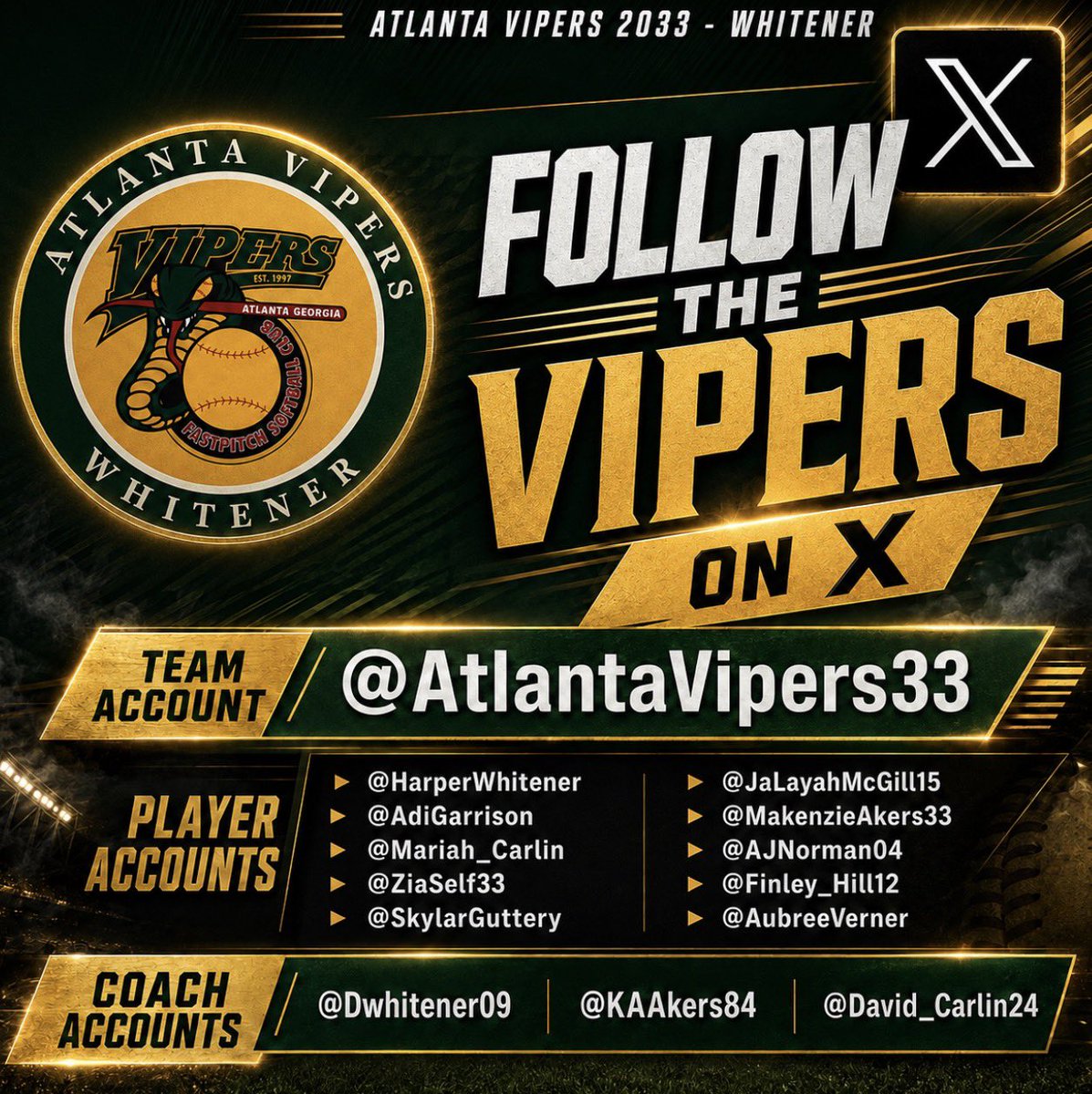 AtlantaVipers33's tweet photo. Follow our team as they begin their journey on X! @HarperWhitener @Mariah_Carlin @MakenzieAkers33 @AdiGarrison @Finley_Hill12 @SkylarGuttery @ZiaSelf33 @JaLayahMcGill15 @AubreeVerner @AJNorman04 @thevipernation @spatte1108 @Dwhitener09 @ExtraInningSB @LineDsoftball https://t.co/HpSqKG4Nn6