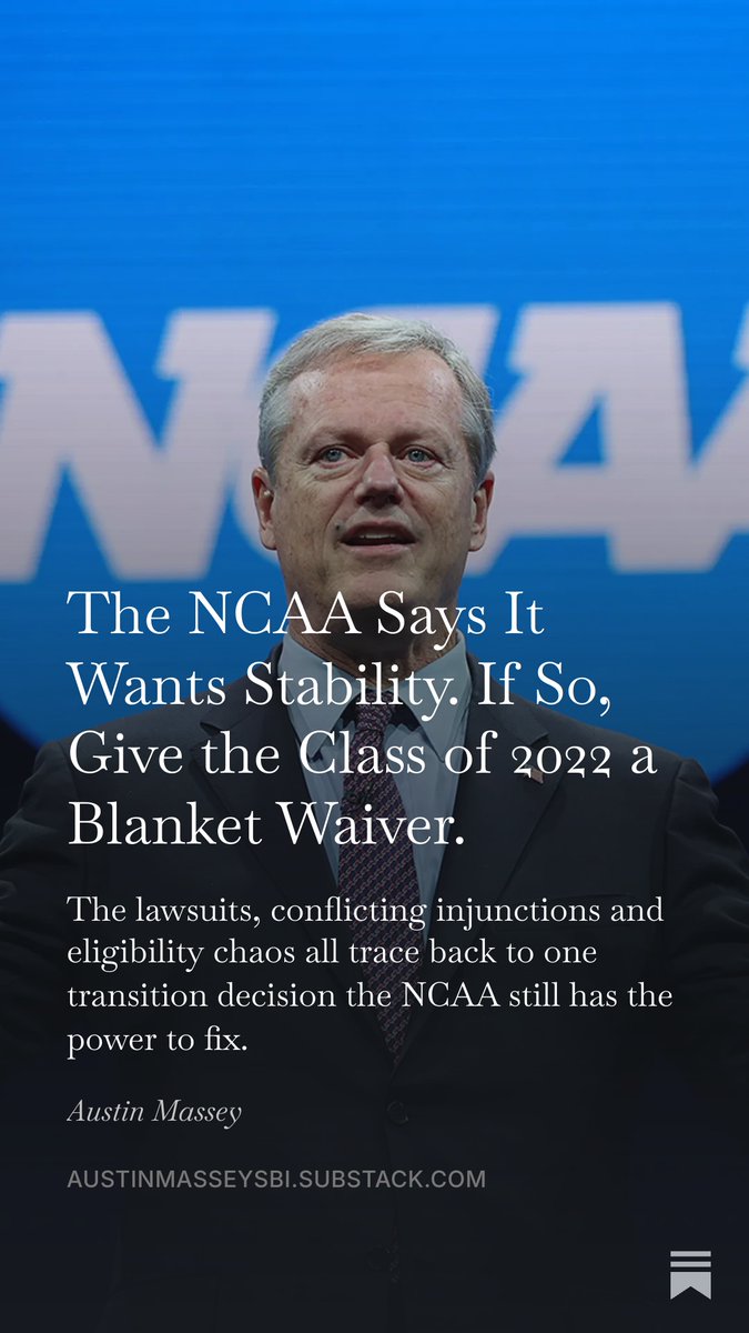 austinmasseySBI's tweet photo. The NCAA can keep sending lawyers from courtroom to courtroom, or it can finally address the decision that started this mess.

Grant the Class of 2022 a blanket waiver for 2026-27.

My column on the chaos, contradictions and the clearest way out:
https://t.co/Bqy4t2MCl1 https://t.co/Dq7MR1EaYz