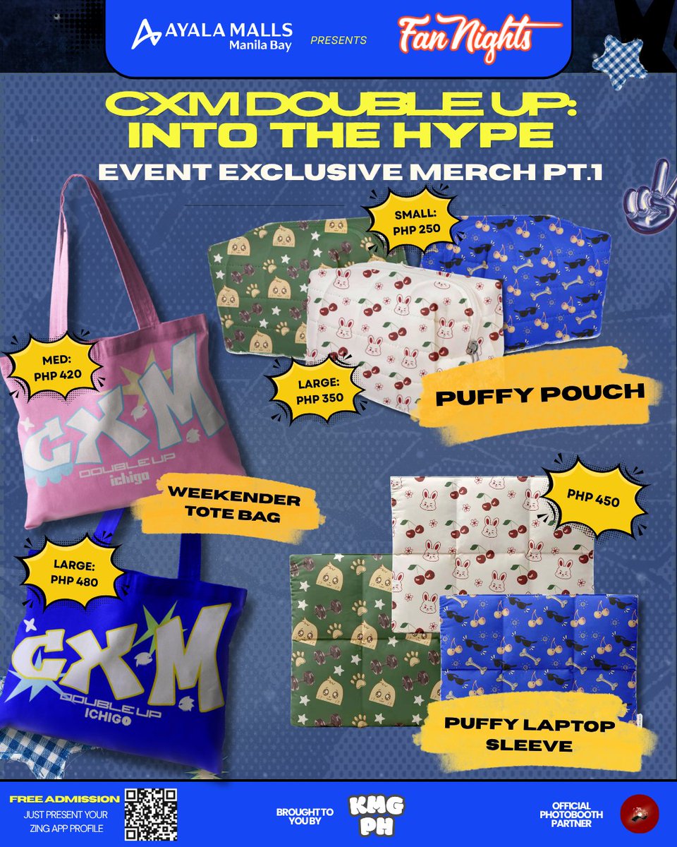 kmingyuph's tweet photo. 💥 THE HYPE IS ALL HERE, CARATs! 💥

You’ve seen PART 1… and now it’s time to reveal the FULL CxM DOUBLE UP: INTO THE HYPE EXCLUSIVE MERCH COLLECTION! 👀💙💛

From everyday essentials to pieces made specifically for your CxM era, there’s a little something for every CARAT:

WEEKENDER TOTE BAG
▫️ Medium — PHP 420 ea
▫️ Large — PHP 480 ea

PUFFY POUCH
▫️ Small — PHP 250 ea
▫️ Large — PHP 350 ea

PUFFY LAPTOP SLEEVE — PHP 450 ea

CXM SHIRT — PHP 550 ea

CUP HOLDER — PHP 220

PASSPORT HOLDER — PHP 280 ea

CXM CAP — PHP 230 ea

DUFFEL BAG — PHP 600

TIN CAN — PHP 120 ea

SHOT GLASS & BOTTLE OPENER — PHP 120

And yes, this is the full collection! 👀💥

Whether you’re taking the HYPE with you on your next trip, carrying your everyday essentials, or simply wanting a little piece of CxM DOUBLE UP: INTO THE HYPE to take home, we hope you find something you’ll love 💙💛

🛍 PRE-ORDER NOW:
https://t.co/zyLGrP6qZI

📅 Pre-order deadline: August 31, 2026
📍 Event: CxM DOUBLE UP: INTO THE HYPE
September 27, 2026 | 1:00 PM–8:00 PM
Sun Garden, Ayala Malls Manila Bay

DOUBLE UP AND GET INTO THE HYPE! 💥

#CxMHYPEinAMMB #DOUBLEUPinAMMB
#FanNightsAtAMManilaBay #AtTheBay