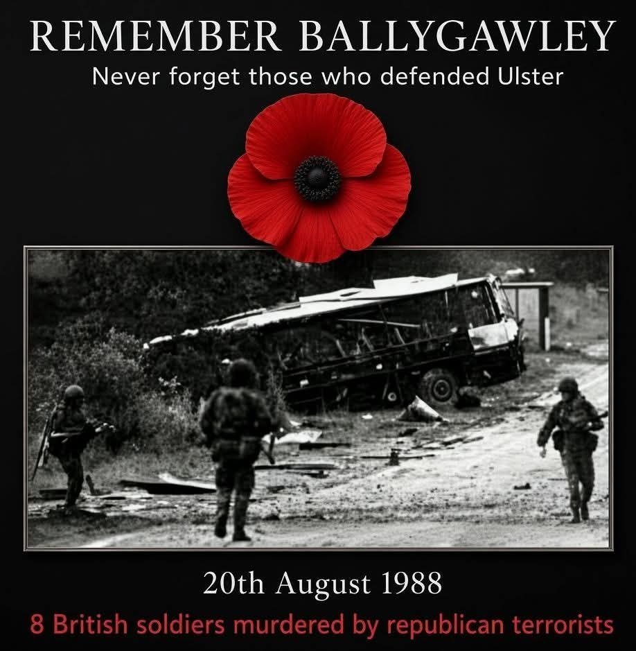 DuesVult_'s tweet photo. August 20, 1988, the Provisional IRA carried out the Ballygawley bus bombing in Co. Tyrone, N Ireland, killing eight British soldiers and wounding 28 others. 

Just days later, three IRA members suspected of involvement were shot and killed by the SAS at Drumnakilly. 

#GBNF 🕊 https://t.co/GTs7jQHyH1