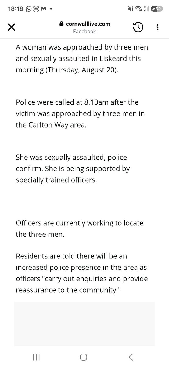 KingBobIIV's tweet photo. A woman has been violently sexually assualted by 3 men in Liskeard at 08.10 in the morning. So desperate are the police to find these men, they've chosen not to put out any description in order to aprehend them before they do the same to someone else. https://t.co/Uo6Sv6NBpZ