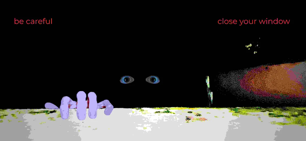The image is a photo of a person climbing up to their window. Their hand is on some bricks and their eyes pierce the night.

The background is extremely dark and only a wall on the right of the image can be seen due to the flash of the camera.

There two sentences written on the top of the image. The left text reads "be careful" and the right text reads "close your window".