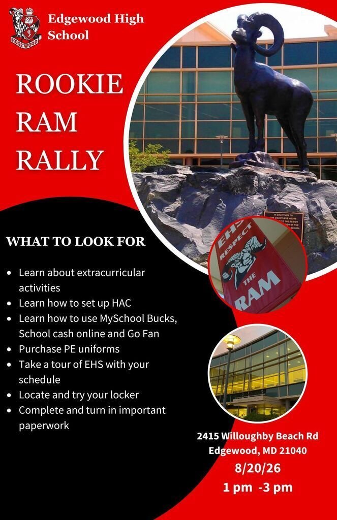 EHSRAMS's tweet photo. Edgewood 9th Graders: Today is the day!  Rookie Ram Rally starts in just a couple hours.  See you there. Time: 1PM- 3PM https://t.co/wu8Nh7xQuW