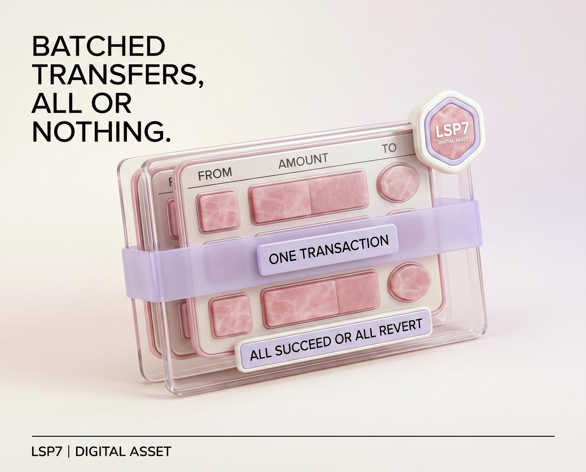 lukso_io's tweet photo. One LSP7 asset can be distributed to several recipients in a single transaction!

transferBatch(...) keeps a separate amount and data field for each transfer. If one transfer fails, the entire batch reverts instead of partially completing the list. 🆙 https://t.co/Db5KQ12ujS