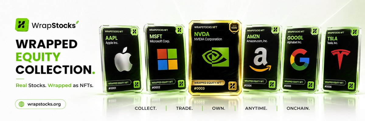 WrapStocksg's tweet photo. Build your Wrapped Equity Collection.

From leading technology companies to global market leaders, WrapStocks turns equities into collectible onchain NFTs.

Collect. Trade. Own.

Your portfolio, reimagined.

https://t.co/NovI93IjlA https://t.co/oL3fomQG9w