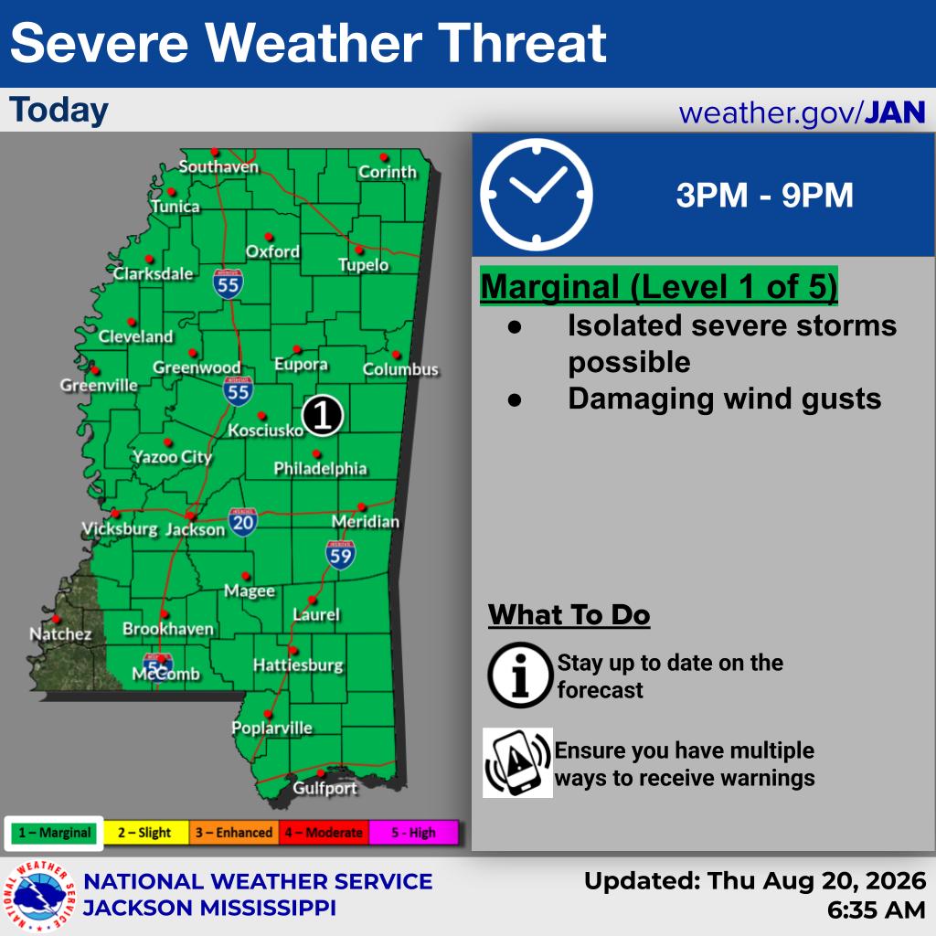 EntergyMS's tweet photo. Isolated severe storms with damaging wind gusts are possible today from 3 p.m. to 9 p.m. Stay weather aware and learn how to prepare: https://t.co/WuCWFbASS2 https://t.co/1HcpUPO0US