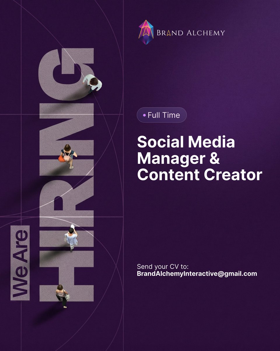 BrandAlchemyi's tweet photo. We’re looking for our next Social Media Manager & Content Creator. 

At Brand Alchemy Interactive, we believe good work comes from people who are curious, creative, collaborative and willing to take ownership. We’re building a team that doesn’t just follow trends, but understands why they work and knows how to turn ideas into results.

We’re looking for someone who can think strategically, create content people actually want to engage with, manage multiple brands and turn insights into better campaigns.

What you’ll be doing:
• Develop social media strategies and content plans
• Create and manage content calendars
• Create, publish and manage content across platforms
• Manage community engagement and audience interaction
• Research trends, competitors and industry developments
• Set up, monitor and optimise social media ads
• Work with our creative and marketing team on client campaigns

What we’re looking for:
• 1–3 years’ experience in social media, content or digital marketing
• Strong copywriting, storytelling and content creation skills
• Good understanding of social media platforms and trends
• Experience with Meta Ads Manager
• TikTok Ads experience is a plus
• Basic graphic design/video editing skills are an advantage
• Ability to manage multiple brands and work independently
• Creative, proactive, adaptable and results-driven
• Agency experience is a plus
* Must live in Lagos

If you’re someone who enjoys thinking, creating, testing and making things better, we’d love to hear from you.

📩 Send your CV to BrandAlchemyInteractive@gmail.com

#brandalchemyinteractive #socialmediamanager #wearehiringnow #lagos #jobvacancy