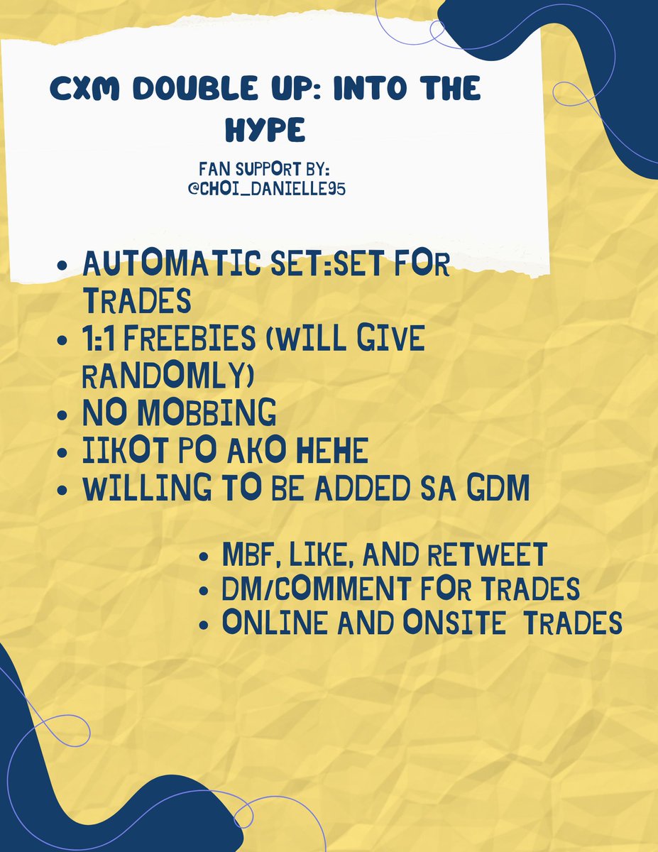 choi_danielle95's tweet photo. CXM Double up: Into the Hype 
Fan Support By @choi_danielle95 

Read image #2
- MBF, Like, Rt
- Online and Onsite Trades
- Will give freebies randomly
- Automatic set both online and onsite trades

#CxMHYPEinAMMB #DOUBLEUPinAMMB #FanNightsAtAMManilaBay #AtTheBay https://t.co/FPJjM9LJG1