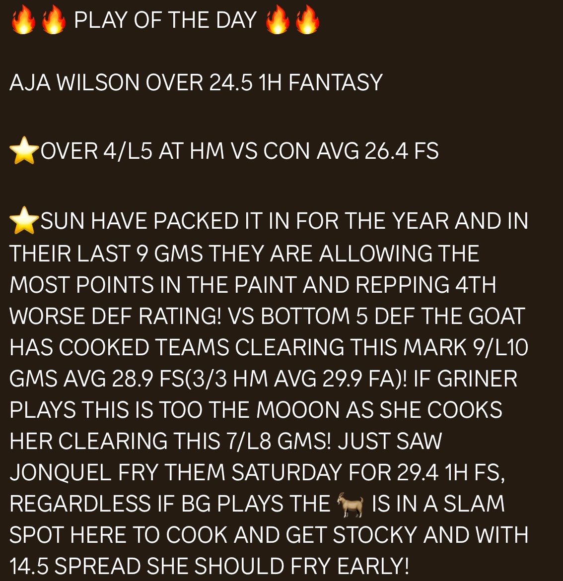 RACKEMSPORTS's tweet photo. 🔥🔥 PLAY OF THE DAY 🔥🔥

AJA WILSON OVER 24.5 1H FANTASY

 #POTD #PLAYOFTHEDAY #PrizePicks #playerprops #DFS #pp #mlb #NFL #NFLPRIZEPICK #nfltwitter #nbatwitter #NBA #nbaplayoffs  #NBAFinals #WNBACommishCup #tiktok #NBAprizepick #WNBACommissionersCup 
 #WNBAPicks #nbaespn #wnba #NBACup #nbaprop #nbaplays #WNBATwitter #WNBAProps #wnbabets #nbabets #WNBA #nbapickstoday  #Gambling #GamblingX