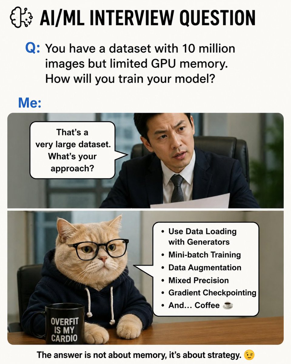 interviewsVecto's tweet photo. AI/ML interview question:

You have 10M training images but limited GPU memory. How would you train the model efficiently?
If your answer starts with “buy a bigger GPU” 😅 — the interviewer has follow-up questions.
AI/ML https://t.co/ulPtf0psCE
#AI #MachineLearning #AIInterview https://t.co/Ena5ckr6g3