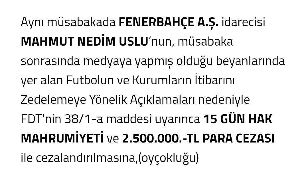 TekYolFener's tweet photo. #SONDAKİKA | PFDK, Mahmut Uslu'ya 15 gün hak mahrumiyeti ve 2.5 milyon TL para cezası verdi. https://t.co/gqdibUhFZx