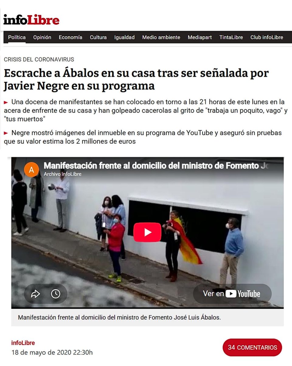 abalosmeco's tweet photo. #EnElNombreDeÁbalos| ¡No me digan más!

“Es la primera vez que veo que se persigue dónde vive un político”, Miguel Ángel Rodríguez (2026).

Es libre de reírse de quien quiera, pero victimizar a la Sra. Ayuso como perseguida y acosada, contrasta con las campañas de acoso, persecución y derribo que hemos sufrido otros, aplaudidas y/o protagonizadas por ellos mismos.

En mi caso, se me ha hecho siendo ministro y luego como diputado. Desde hace muchos años he sido objeto de señalamientos, injerencias arbitrarias e ilegales en mi vida privada y en la de mi familia; se han difundido mis datos personales y se ha violentado mi domicilio y hasta mi correspondencia personal.

Siendo ministro, ya en 2020 sufrí, junto a mi familia, CUATRO escraches domiciliarios instigados por el ahora “tan de moda” estrella mediática Javier Negre y al que la Sra. Ayuso tuvo a bien felicitar. O el entonces senador Rafael Hernando quien, en aquel contexto, me lazó la advertencia pública a través de sus redes sociales de que "Esto es solo el principio, Ábalos".
.

18/05/2020 - @infolibre. “Escrache a Ábalos en su casa tras ser señalada por Javier Negre en su programa”
+•➤  https://t.co/xPDy7lpVKe

19/05/2020 - @El_Plural. “Escrache a Ábalos en su vivienda tras ser señalada por Javier Negre en su programa”.
+•➤ https://t.co/MXWlVORAH9

19/05/2020 - @abc_es. “José Luis Ábalos sufre otro escrache en las inmediaciones de su domicilio”. “Se trata de la segunda acción de esta índole en apenas 24 horas”.
+•➤ https://t.co/igUPrnuHsi
.

Siendo diputado, mi domicilio ha estado en todas partes; vandalizado en SIETE ocasiones y he sufrido durante meses, de forma ininterrumpida, la presencia de cámaras de televisión, pseudoperiodistas micrófono en mano y activistas de extrema derecha delante de la puerta de mi casa, sin disponer por mi parte ni de los míos de ningún tipo de seguridad ni protección, incluso sin que hubiese ningún acontecimiento público que justificara un acoso tan limitante hacia mi familia y hacia mi persona. Por no hablar de los numerosos acosos recibidos dentro de las propias dependencias del @Congreso_Es y hasta en las puertas del que fue mi despacho.

Ni siquiera, a día de hoy, he recibido respuesta a varias denuncias que interpuse ante la @policia por todo el hostigamiento en mi domicilio y su vandalización, como tantas veces denuncié también en los medios y a través de mis post, y sin que en ninguna ocasión contase con el pronunciamiento solidario de los que, con tanto golpe de pecho, defienden la democracia y la igualdad, según parece solo para unos pocos.
.

24/06/2025 - @eldiarioes / “Vandalizan la casa de Ábalos en València”
+•➤ https://t.co/cuKZGsHhR6

01/06/2025 +•➤ https://t.co/mr5Lk8CHFB
16/06/2025 +•➤ https://t.co/sbG7xRHQWb
21/06/2025 +•➤ https://t.co/8VzGZGFiku
30/07/2025 +•➤ https://t.co/v1YO8sEsEk
16/10/2025 +•➤ https://t.co/R8FFkEWRNr
24/11/2025 +•➤ https://t.co/u1W2oFBHzH
.

Esto va también para todas y todos; para unos y otros: la vida se compone de quienes olvidan por conveniencia o ligereza y quienes señalan con el dedo desde la hipocresía del juicio ajeno, y los cínicos observan el desmadre general y el exceso contra otros, prefiriendo la libertad individual o la doble vara de medir y el sectarismo de partido.
.
.
Y así lo dijo Martin Niemöller en 1946:

Primero vinieron por los socialistas, y guardé silencio porque no era socialista.
Luego vinieron por los sindicalistas, y no hablé porque no era sindicalista.
Luego vinieron por los judíos, y no dije nada porque no era judío.
Luego vinieron por mí, y para entonces ya no quedaba nadie que hablara en mi nombre.